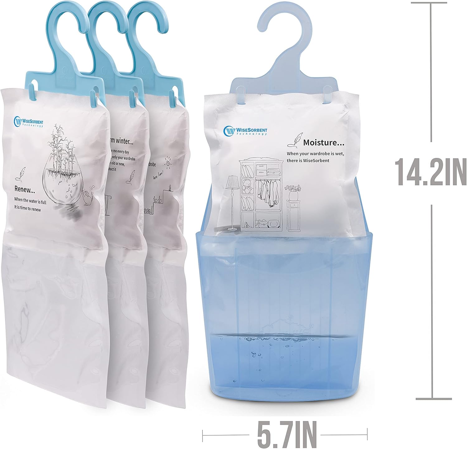 Moisture Absorber Hanging Bags, 16 Pack (7 oz. ea.) Paper Moisture Absorber Packets with 1pcs Plastic Case & 9pcs Hooks, Humidity Packs, Hanging Closet Dehumidifier Bags