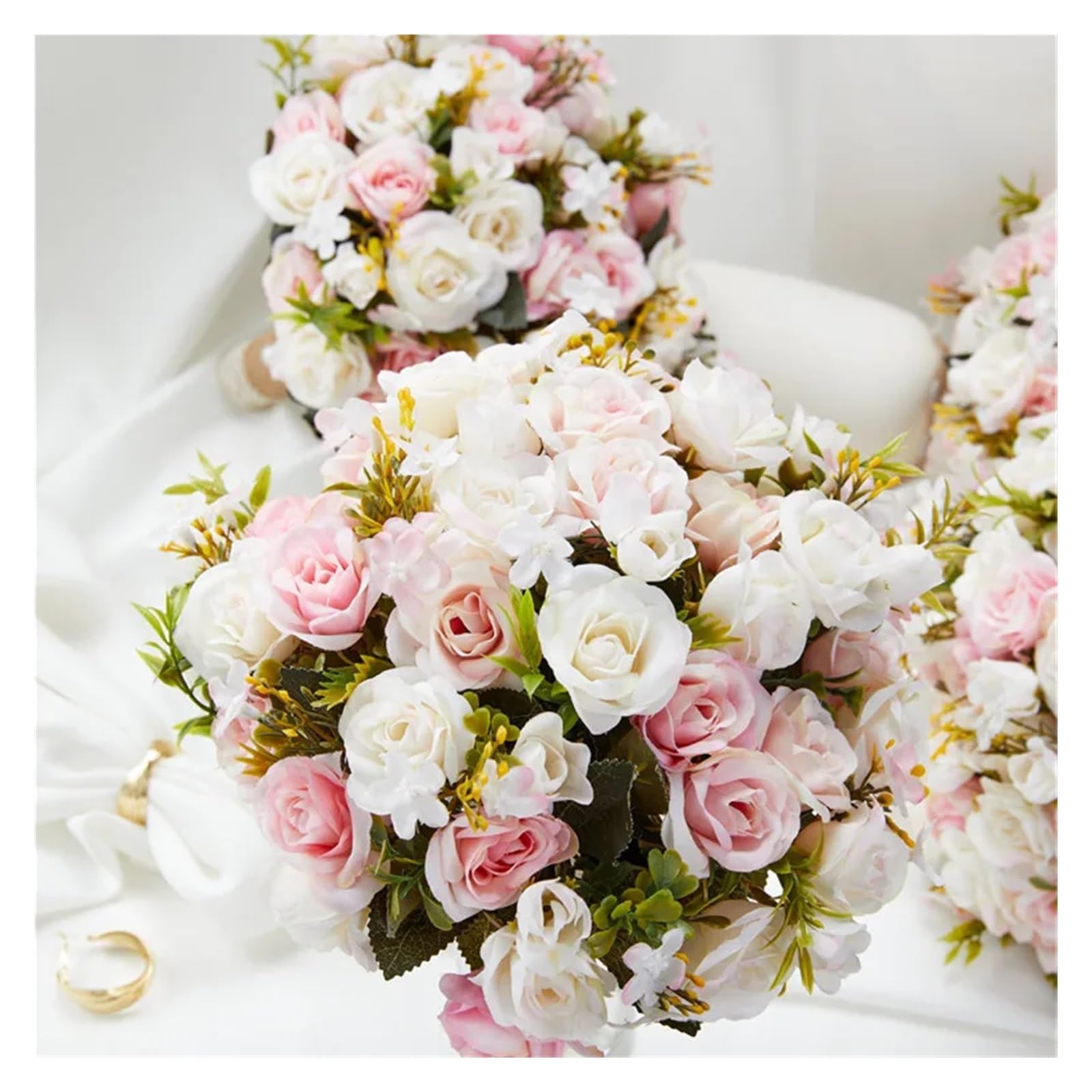 Pink Wedding Bouquet Bride Bridesmaid Holding Flowers Silk Ribbon Roses Artificial Flower Accessories(White pink)