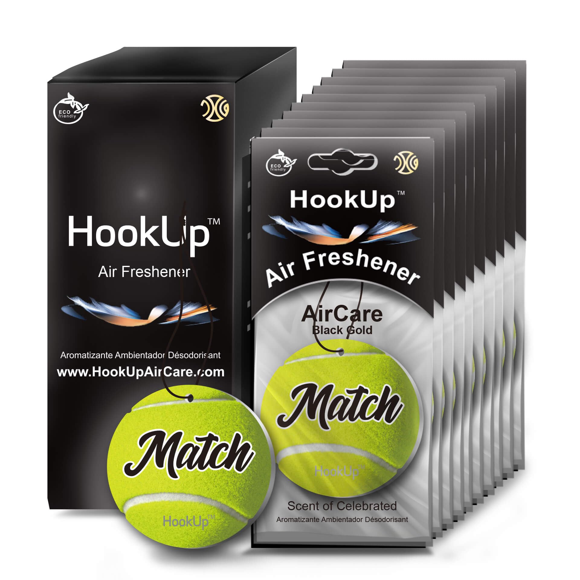 Tennis Car Air Freshener by HookUp - 10 Pack - Black Gold Scent (Extra Strong) | Unique Tennis Gift for Players, Coach, Fans | Hanging Car Accessory with Long Lasting Fresheners Smell