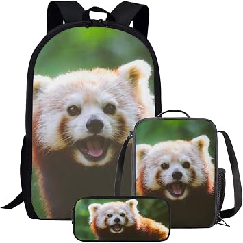 Girls Boys School Backpack with Lunch Box Pencil Case Comfy Padded Lightweight Red Panda Backpack Set Kids Cute Bookbag Insulated Lunch Bag Student Large Capacity Daypack 17 Inch