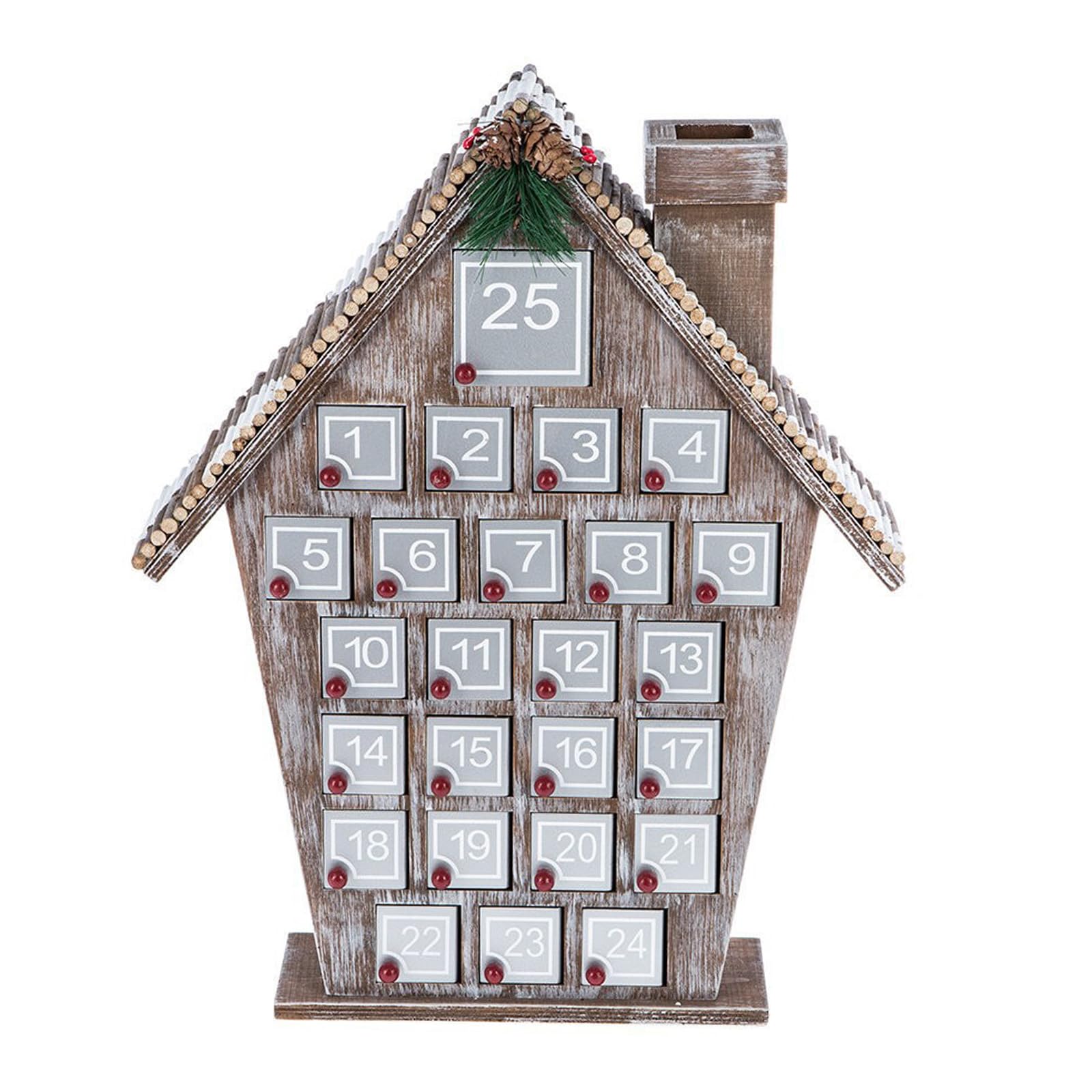 Calendario de Adviento de madera de cuenta regresiva de Navidad, calendario de Adviento único de casas de madera con piñas