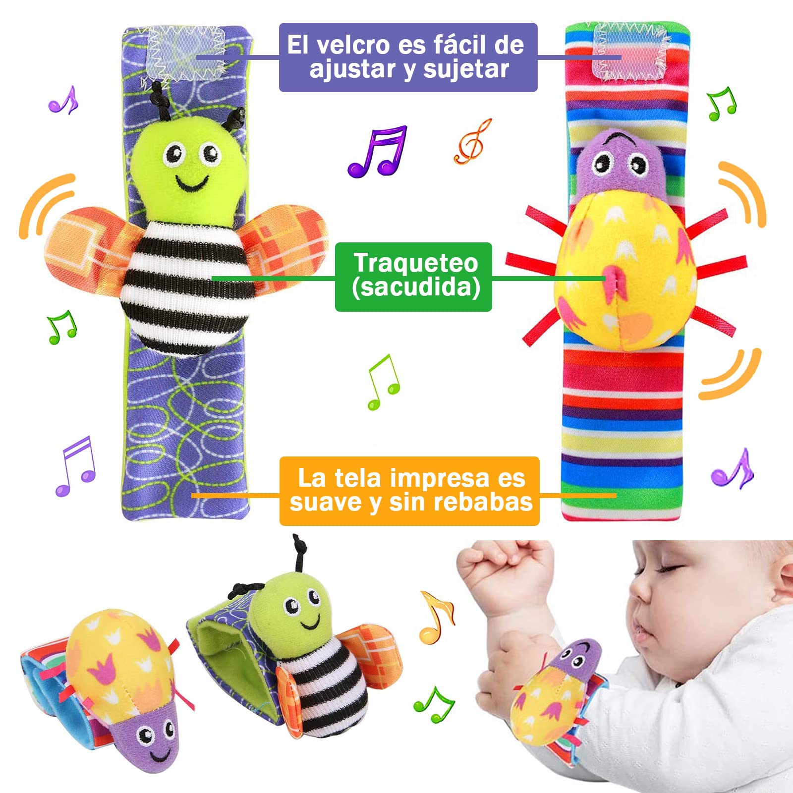 Set De 4 Sonajeros Calcetines Y Pulseras Para Bebés – Animales Suaves, Para 0-12 Meses