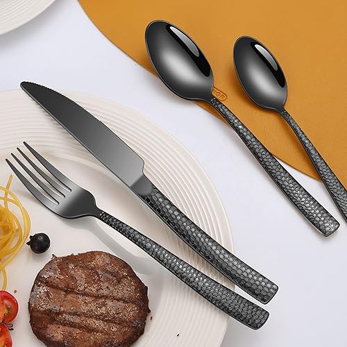 Miniatura 4 de Juego de cubiertos de 40 piezas de acero inoxidable martillado negro para 8, juego de vajilla de grado alimenticio, incluye juego de cuchara y