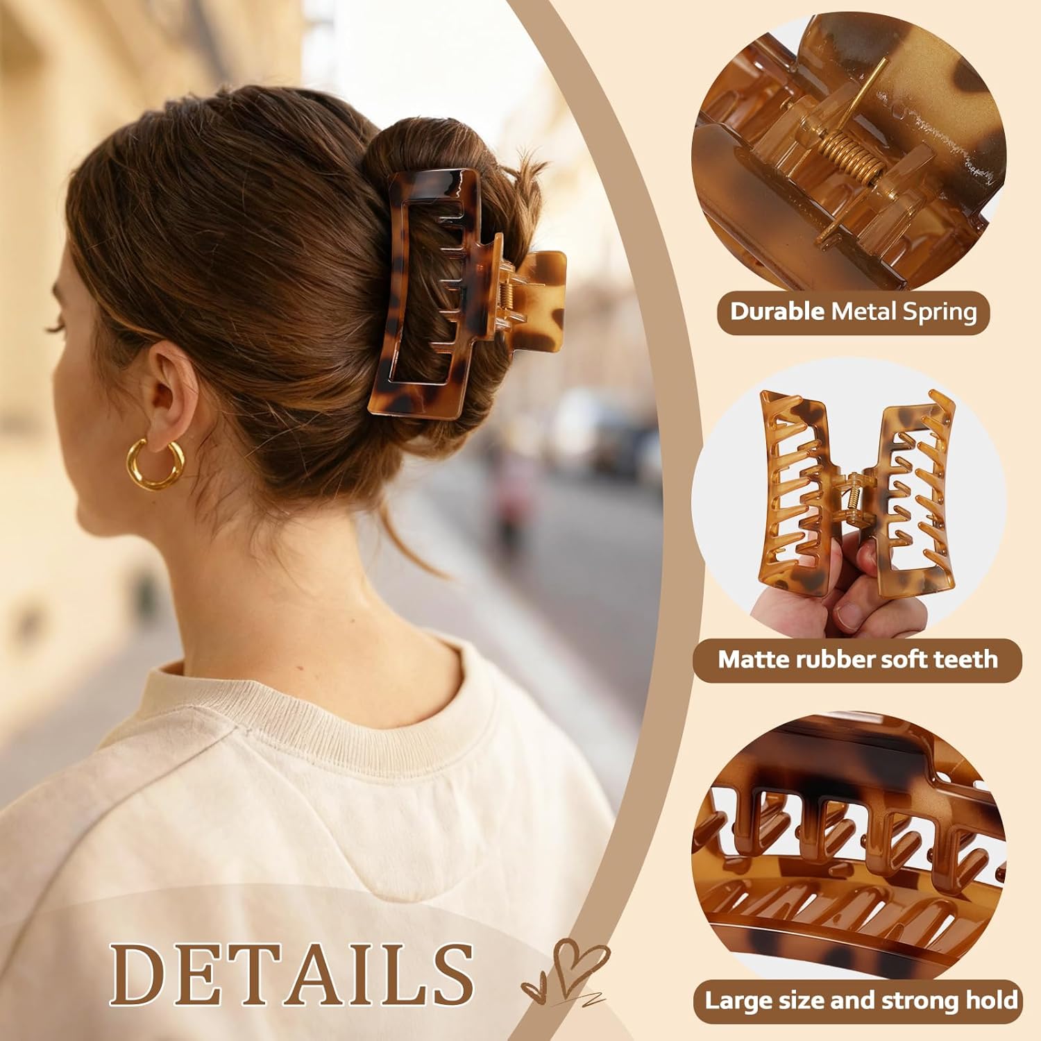 6 PCS 4.1 Inch Large Claw Clips for Women Girls, Big Tortoise Shell Rectangle Hair Clips for Thick/Long/Curly Hair, Strong Hold Square Claw Clip Non Slip Banana Jaw Clips Hair Accessories - Image 3