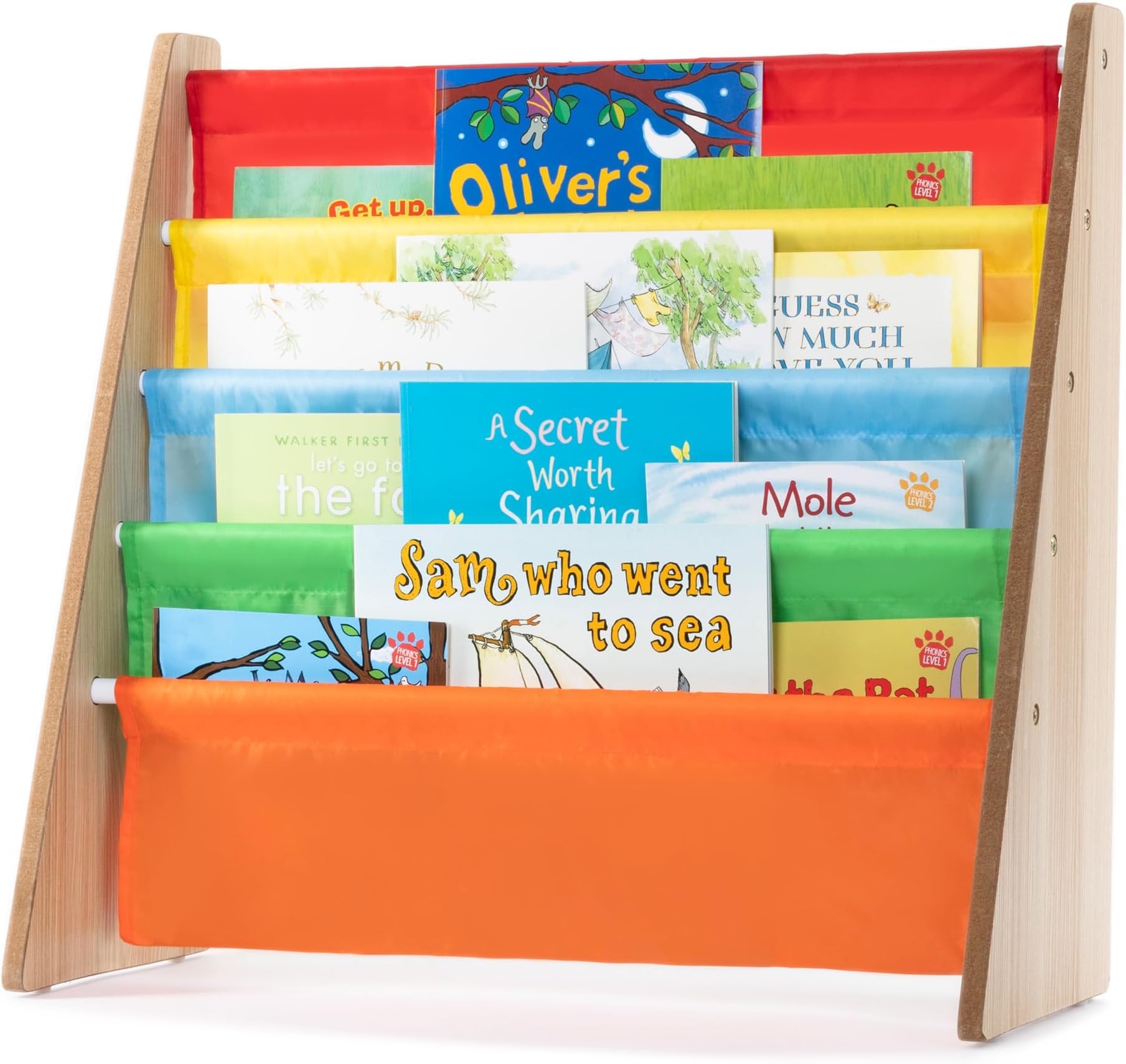 LIVIVO Colorful Kids Bookshelf - 4 Tier Children's Bookcase, Magazine and Book Storage Rack, Wooden Sling Book Organizer, Book Shelf for Kids Room, Bedroom, Nursery, Playroom (Multi-colour)
