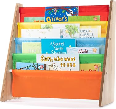 LIVIVO Colorful Kids Bookshelf - 4 Tier Children's Bookcase, Magazine and Book Storage Rack, Wooden Sling Book Organizer, Book Shelf for Kids Room, Bedroom, Nursery, Playroom Multi-colour
