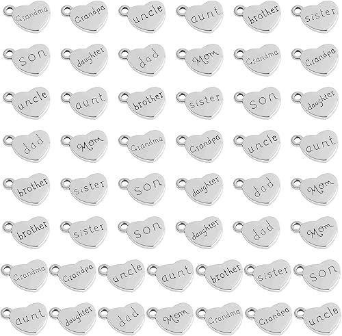 Miniatura 10 de AUEAR, Paquete de 30 dijes familiares a granel en forma de corazón con cuentas sueltas a granel para mamá, papá, hermano, hermana, abuela, abuelo,