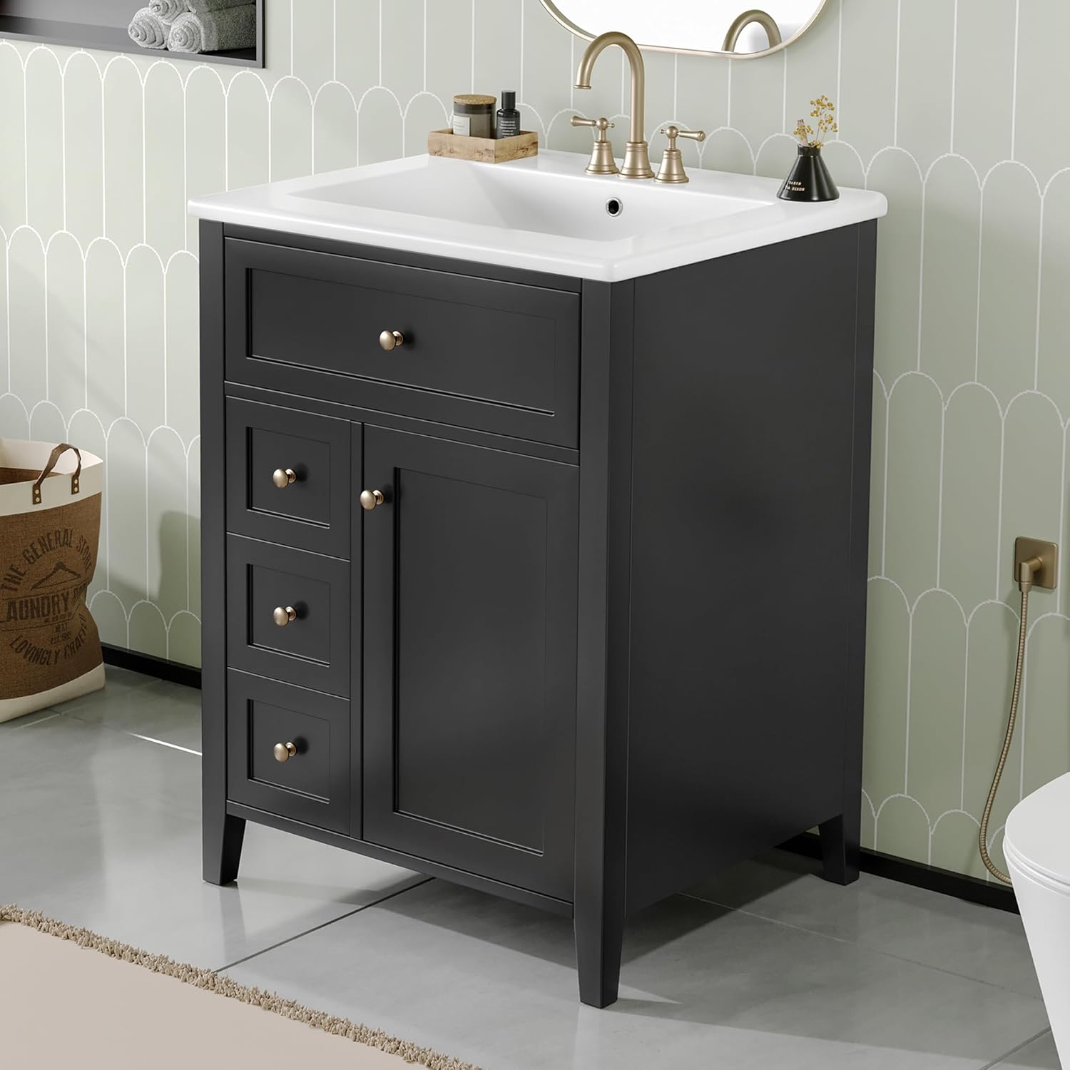 Merax 24" Bathroom Vanity with Sink, MDF & Rubberwood Construction, 3 Drawers & Cabinet with Adjustable Shelves, Modern Design for Small to Medium Bathrooms, Black