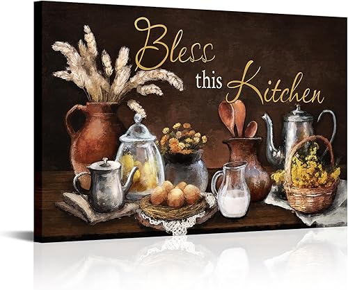 Zlove Decoración de pared vintage para cocina, impresiones artísticas de lienzo rústico - Póster de letrero de Bless This Kitchen para decoración de