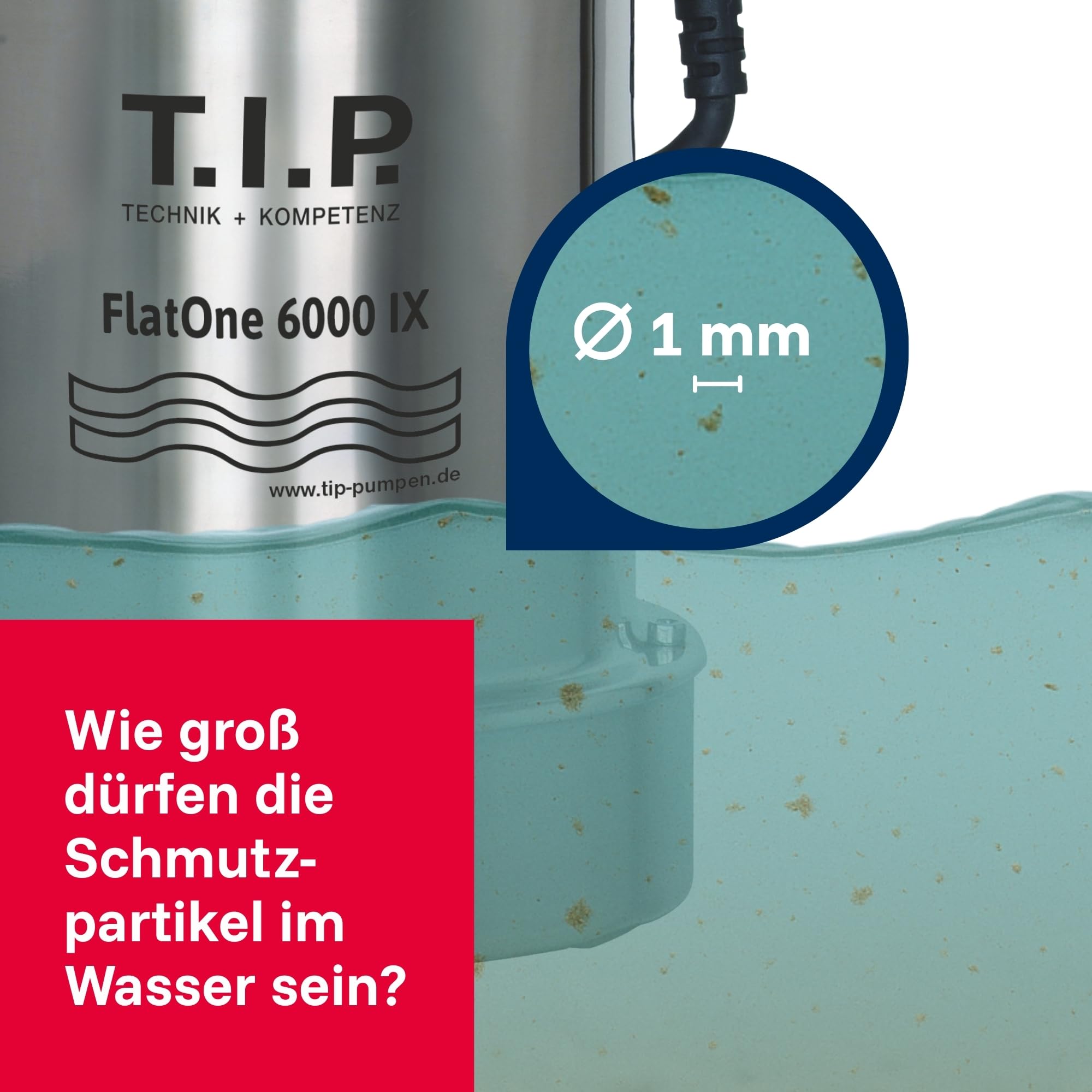 T.I.P. Drainagetauchpumpe - Poolentwässerungspumpe Edelstahl (6.000l/h Fördermenge, 1mm flachabsaugend, 6m Förderhöhe, Verhindert Ansaugen der Poolbodenfolie, Rückschlagventil) FlatOne6000 IX, 30440