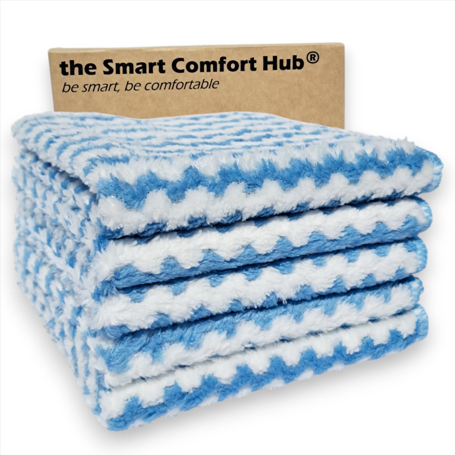 the Smart Comfort Hub Thick Microfibre Coral Fleece Cleaning Cloths, Pack of 5, Super Absorbent, Lint-Free, Fast Drying, Reusable and Multiuse Cleaning Cloths, 30x30cm (Blue Stripes Coral Fleece)