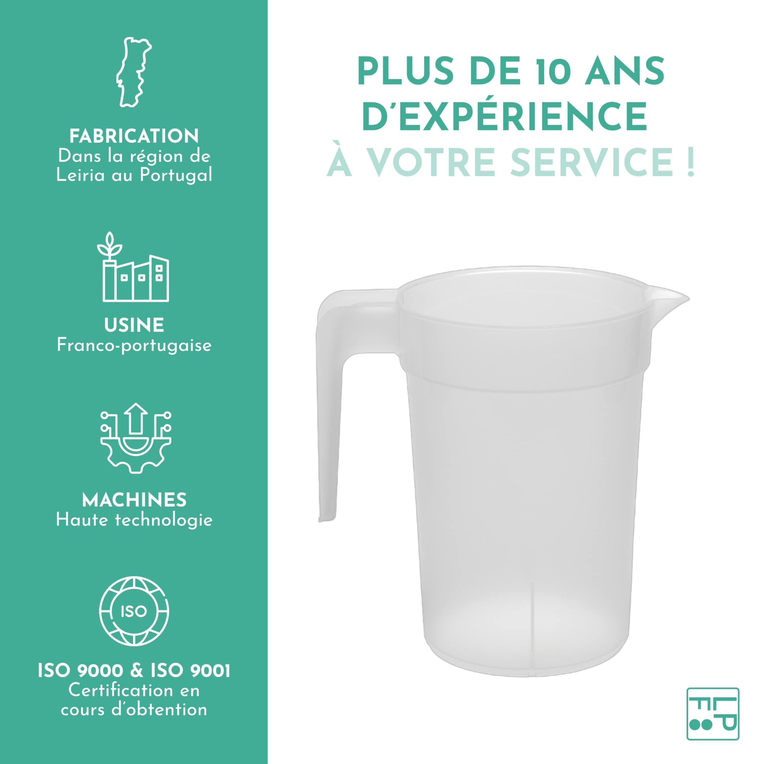 LPF LE PETIT FOURNISSEUR - Lot de 20 Pichets réutilisables 1 Litre - Polypropylène plastique alimentaire rigide (PP) - Carafe à eau, thé glacé, boissons - Compatible lave-vaisselle - Transparent Givré