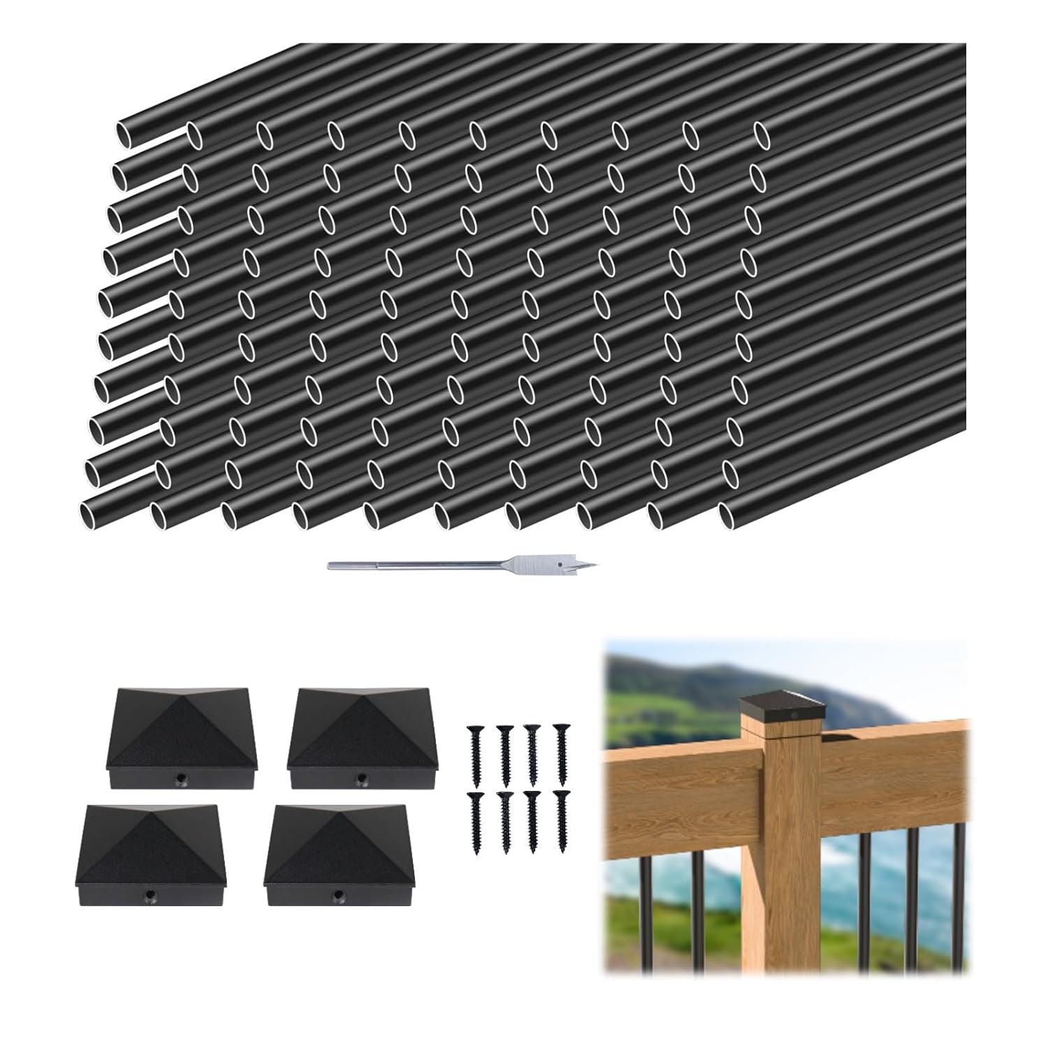 Muzata 4Pack 4x4 Post Caps Post Cover WT06 Bundle with 100Pack 26‘’ Aluminum Round Deck Baluster WT02