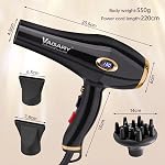 VAGARY Salon professionnel sèche-cheveux 2200W, Ionique, 2 Régimes & 2 Réglages de chauffage, 3 Pièces jointes, noir