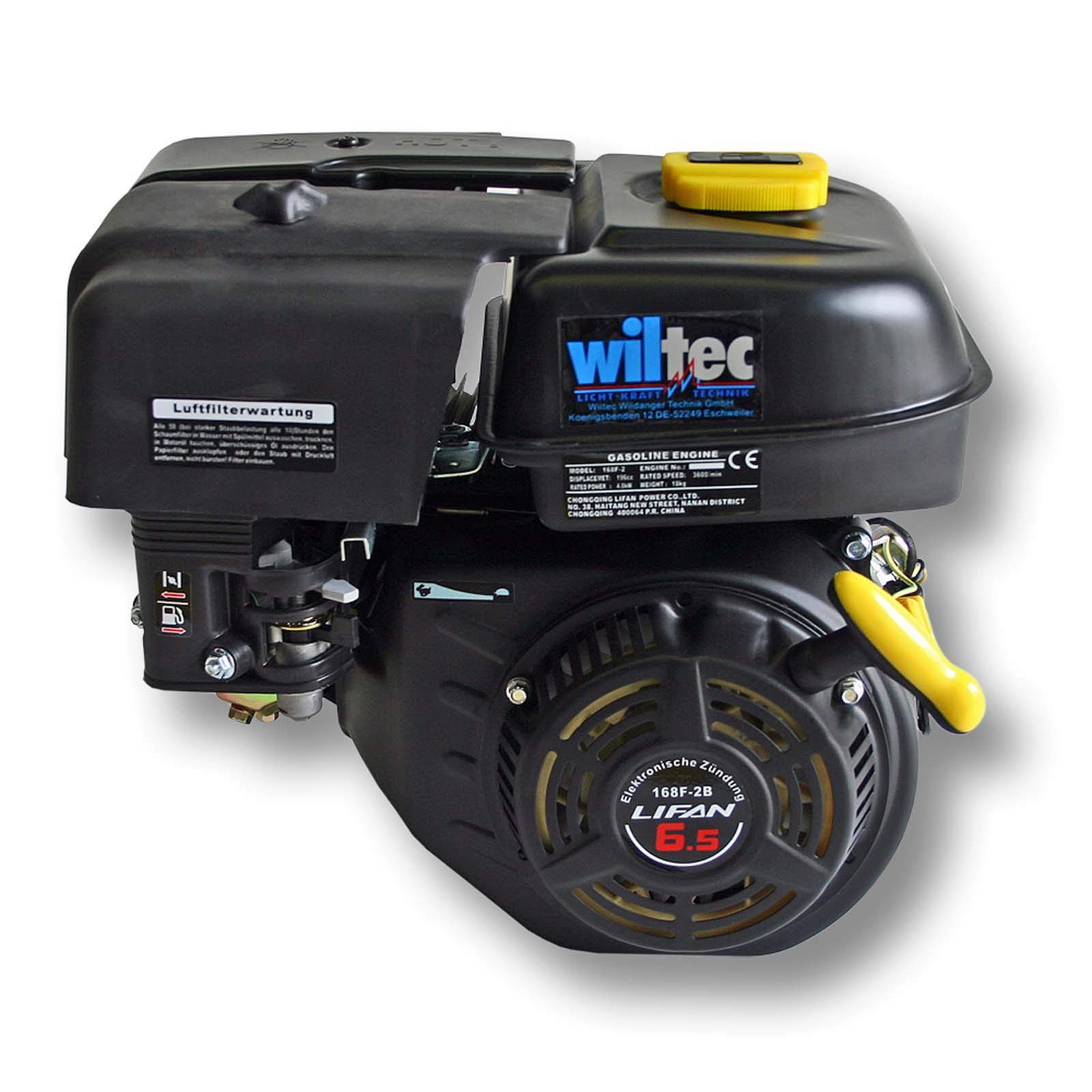 Wiltec LIFAN 168 F-2B Moteur essence – 380 x 360 x 260 mm – 4,8 kW (6,5 CV) – 196 ccm – 4 temps, Ø arbre 20 mm – capacité 3,6 L – OHV – Refroidi par air – Monocylindre Lanceur manuel – Kart Jardin