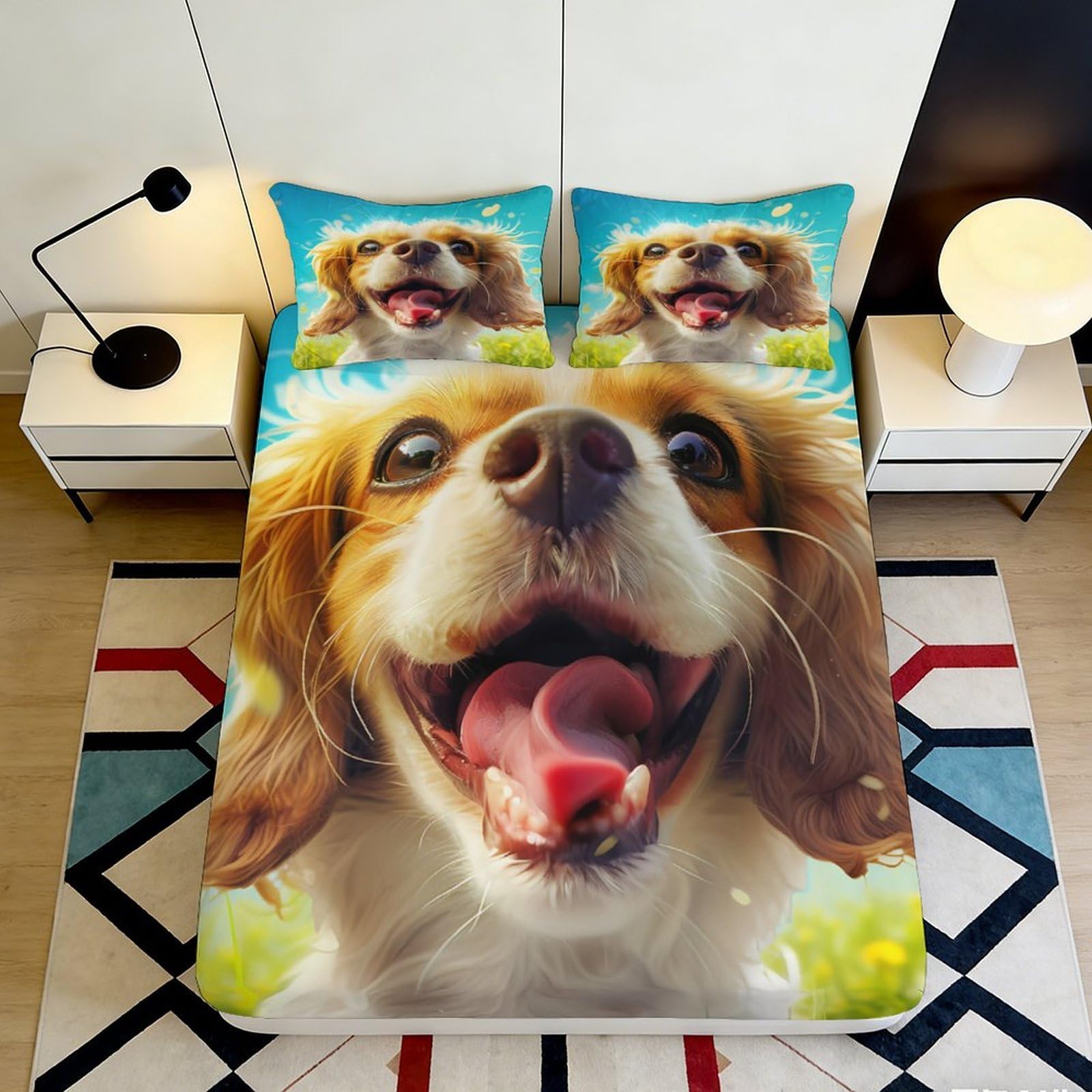 3D Printed Happy Dog Fitted Sheet Microfiber Soft Bedroom Decor Cartoon Puppy Mattress Cover for Home Guest Room 90x200x25cm