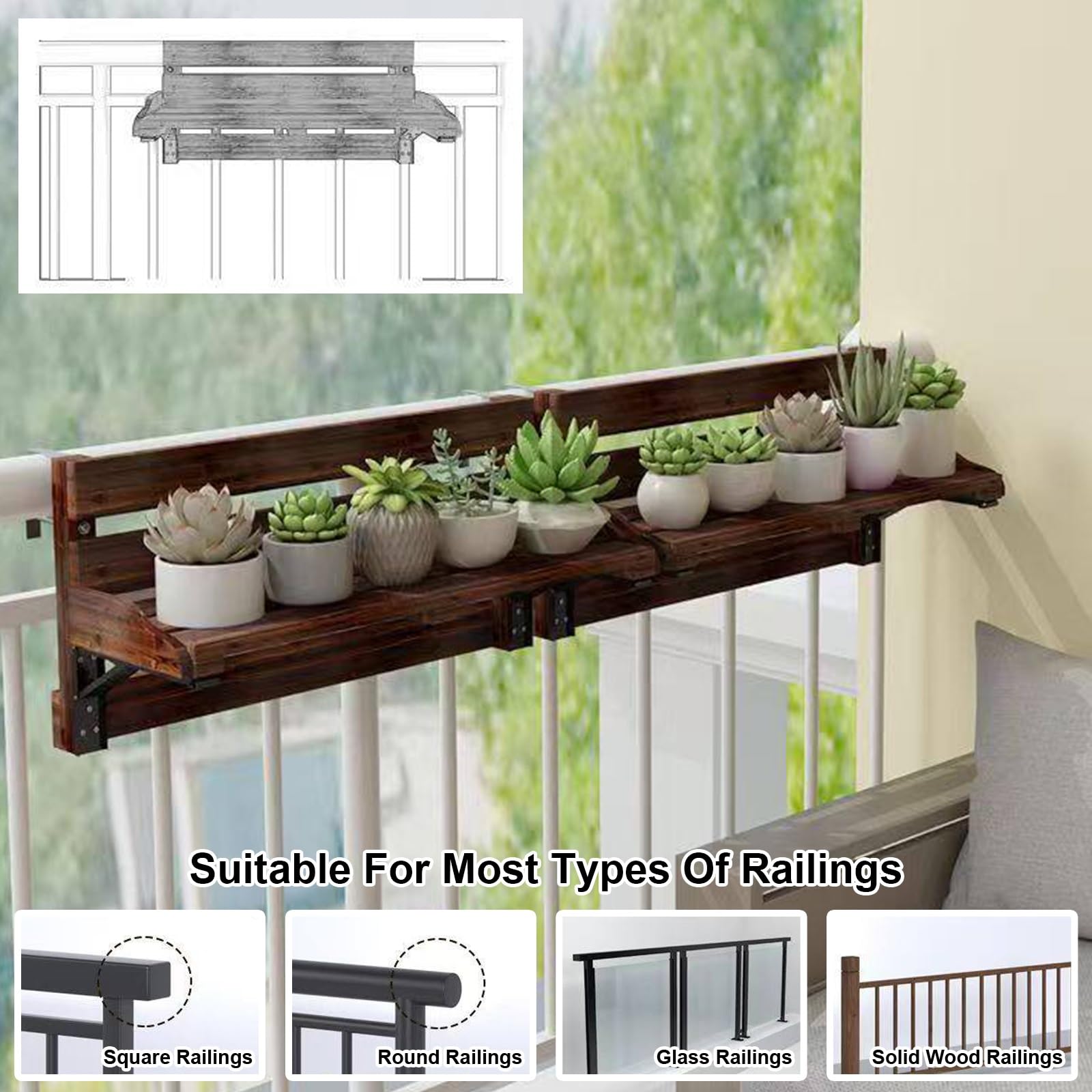 Table de Balcon Suspendue Pliable et Suspendue, Tablette Balcon en Bois pour Les Petits Balcons, Terrasses, Plantes D'extérieur et Rangement, Installation sans Perçage(Brown,90cm/36in)