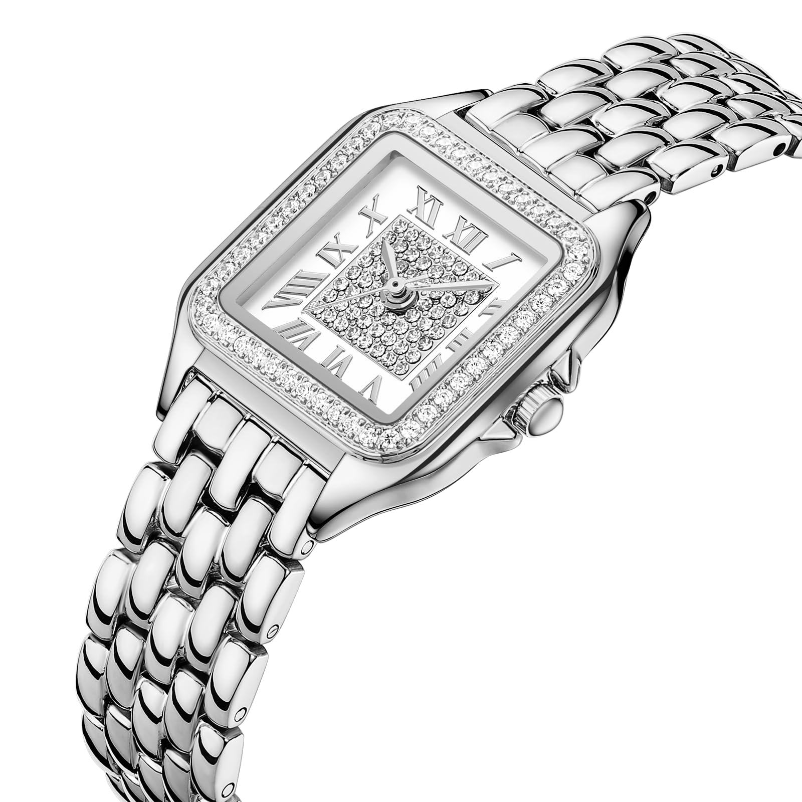 Uhren für Damen mit diamantbesetztem rechteckigem Gehäuse | Römisches Zifferblatt, Edelstahl-Armband, wasserdicht bis 30 m, Armband-Anpassungswerkzeug