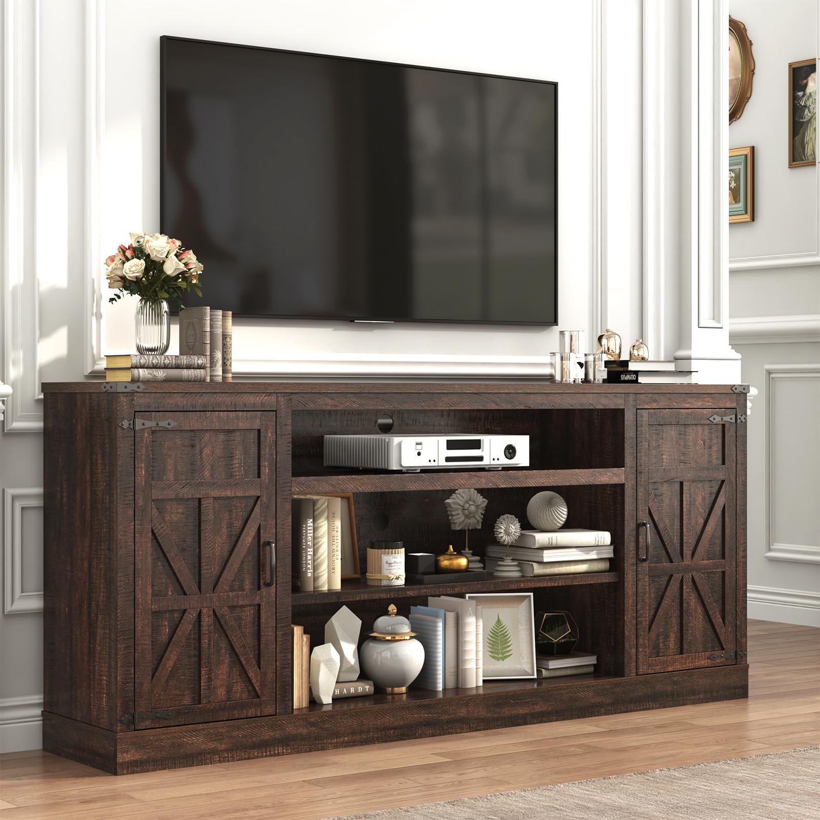 Hlivelood 75" Farmhouse TV Stand with Power Outlets for 85 Inch TVs, 33" Tall Entertainment Center with Storage Cabinets w/Adjustable Shelves, Rustic