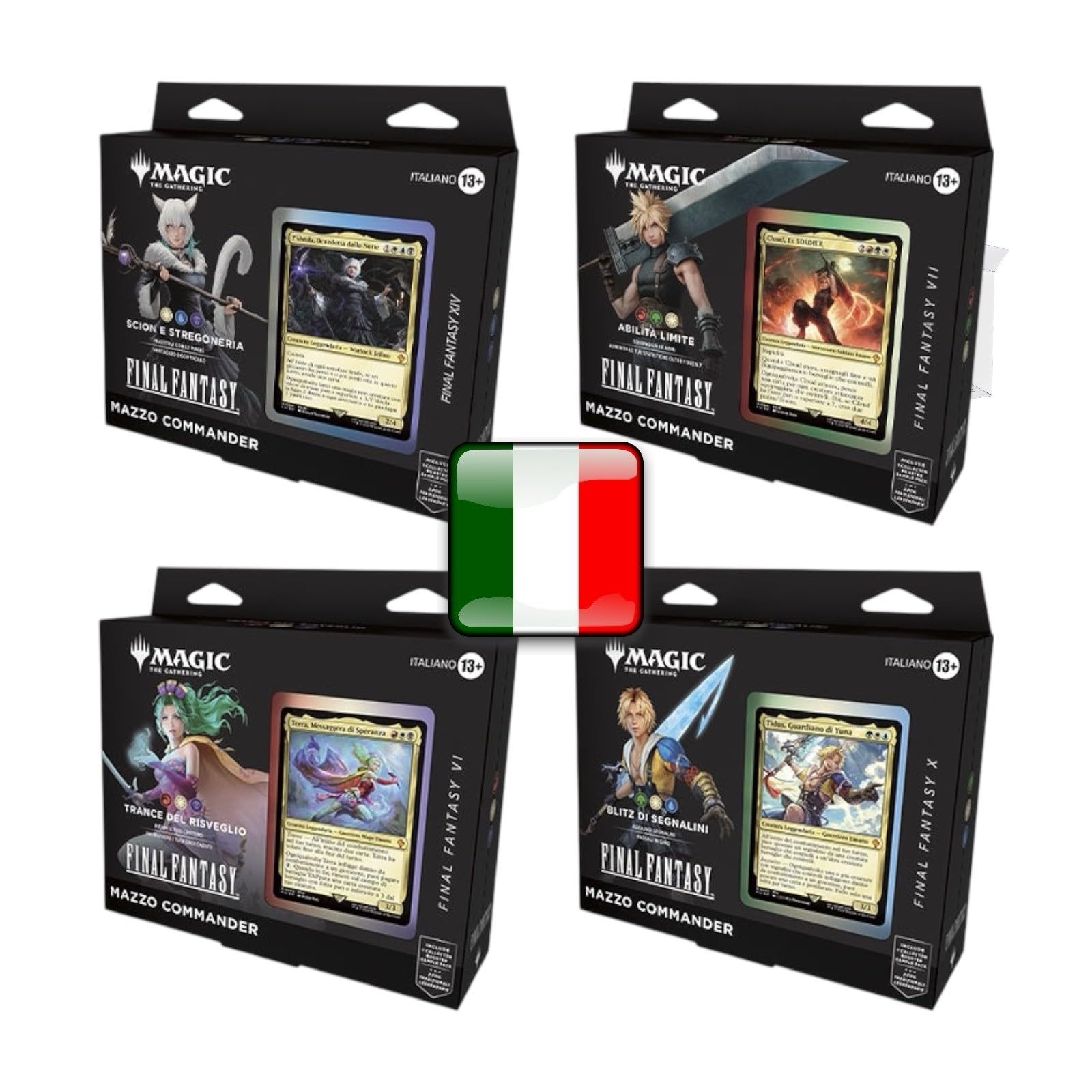 Magic : The Gathering FINAL FANTASY Commander Display 4 Deck ITA MTG Universes Beyond Commander Deck italien + 100 pochettes de protection Toys & Games