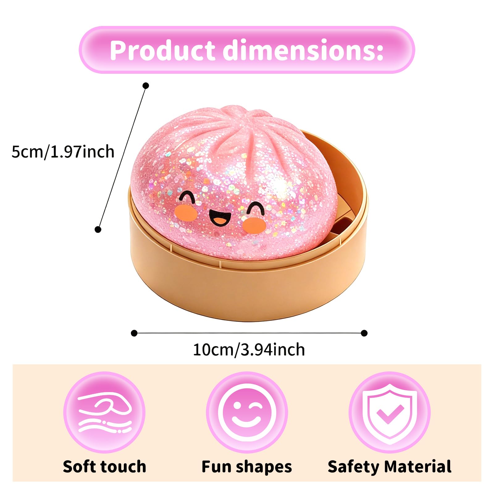 Glitter Dumpling,Glitter Dumpling Squishy Box,2026 New Bun Squeeze Stress Relief Ball with Steamer Box for Stress Relief (Pink) - 3