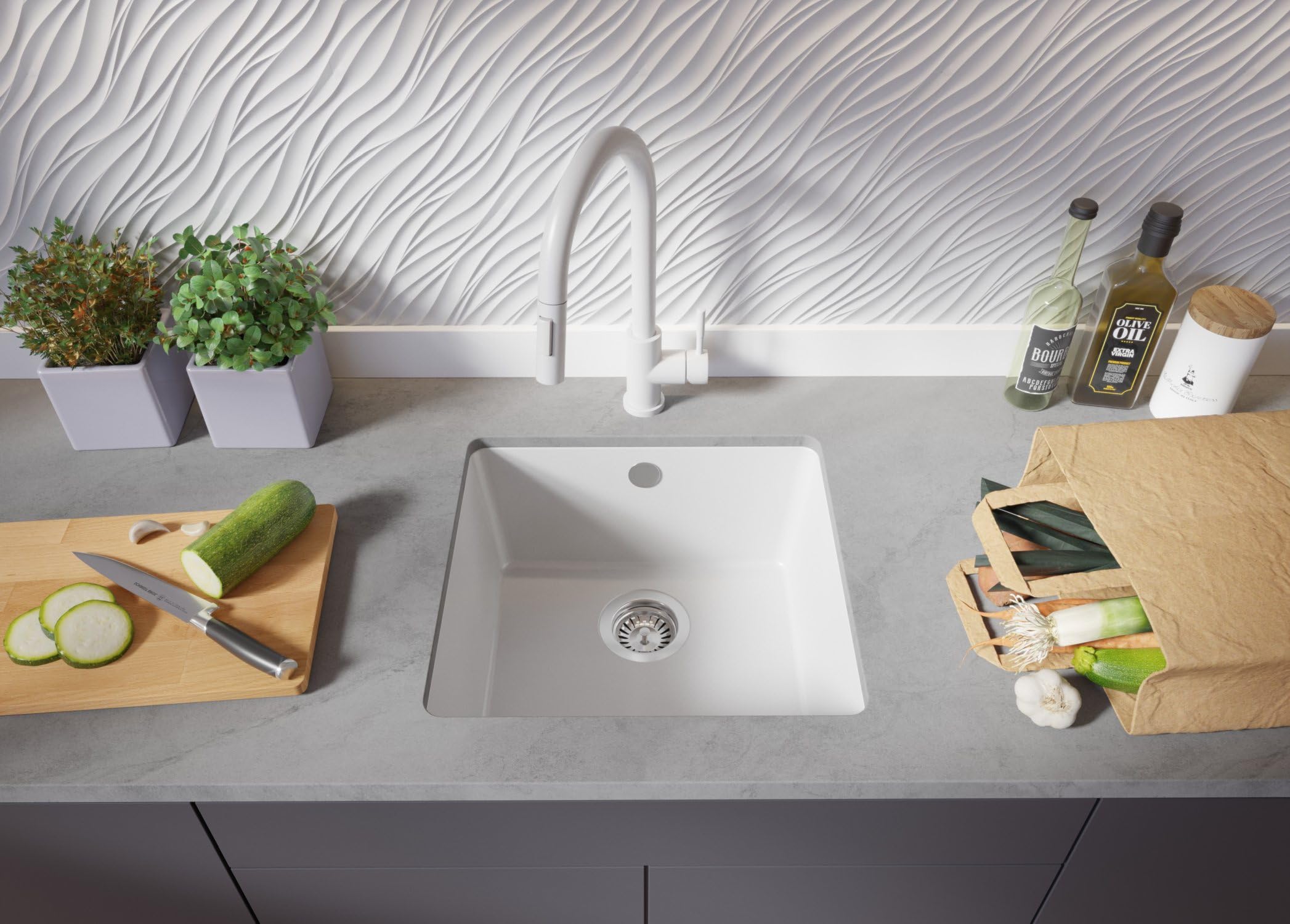 PRIMAGRAN Fregadero bajo Encimera Blanco - Venecia Easy, 46x44cm | Cocina 1 Seno + Sifón, Granito al Mueble 50cm (S028)