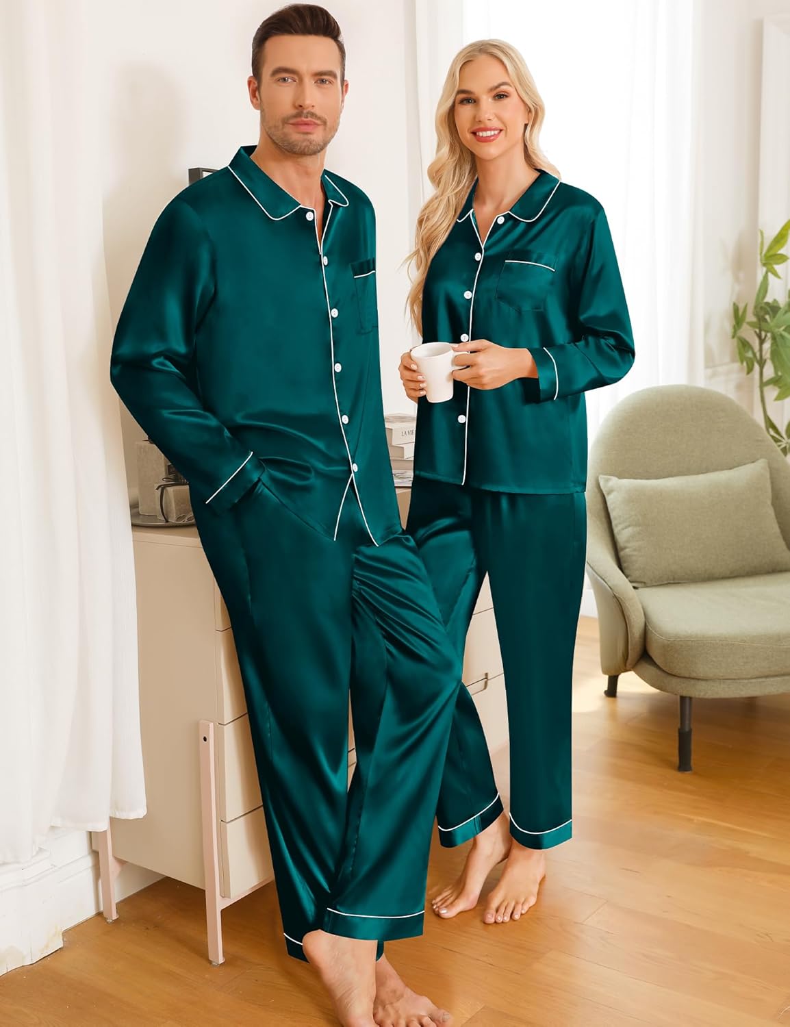 SWOMOG Couples Pajamas Sets Silk Satin Long Sleeve Sleepwear Button Down Loungewear Pjs Set Classic Pajama S-XXL - Image 8