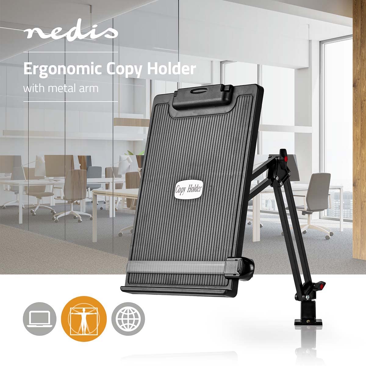 NEDIS Portadocumenti ergonomico | Completamente mobile | Supporto da tavolo | Nero Grigio/Nero, ERGOCH300BK
