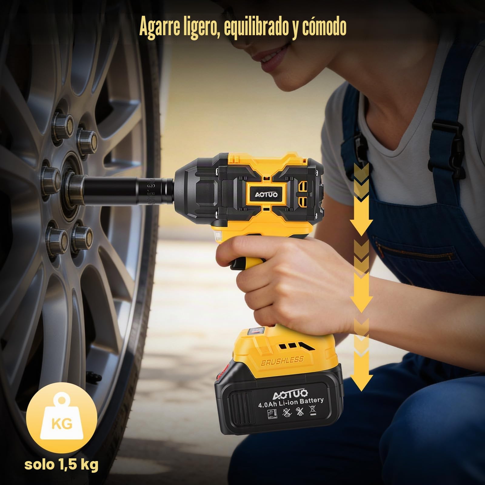 Llave de Impacto Inalámbrica , 400N.m 21V 3 en 1 Pistola de Impacto Brushless Parada Automática 2 Baterías 4.0Ah Atornillador y Taladro de Impacto de 1,6kg para Bricolaje y Muebles 29 Accesorios