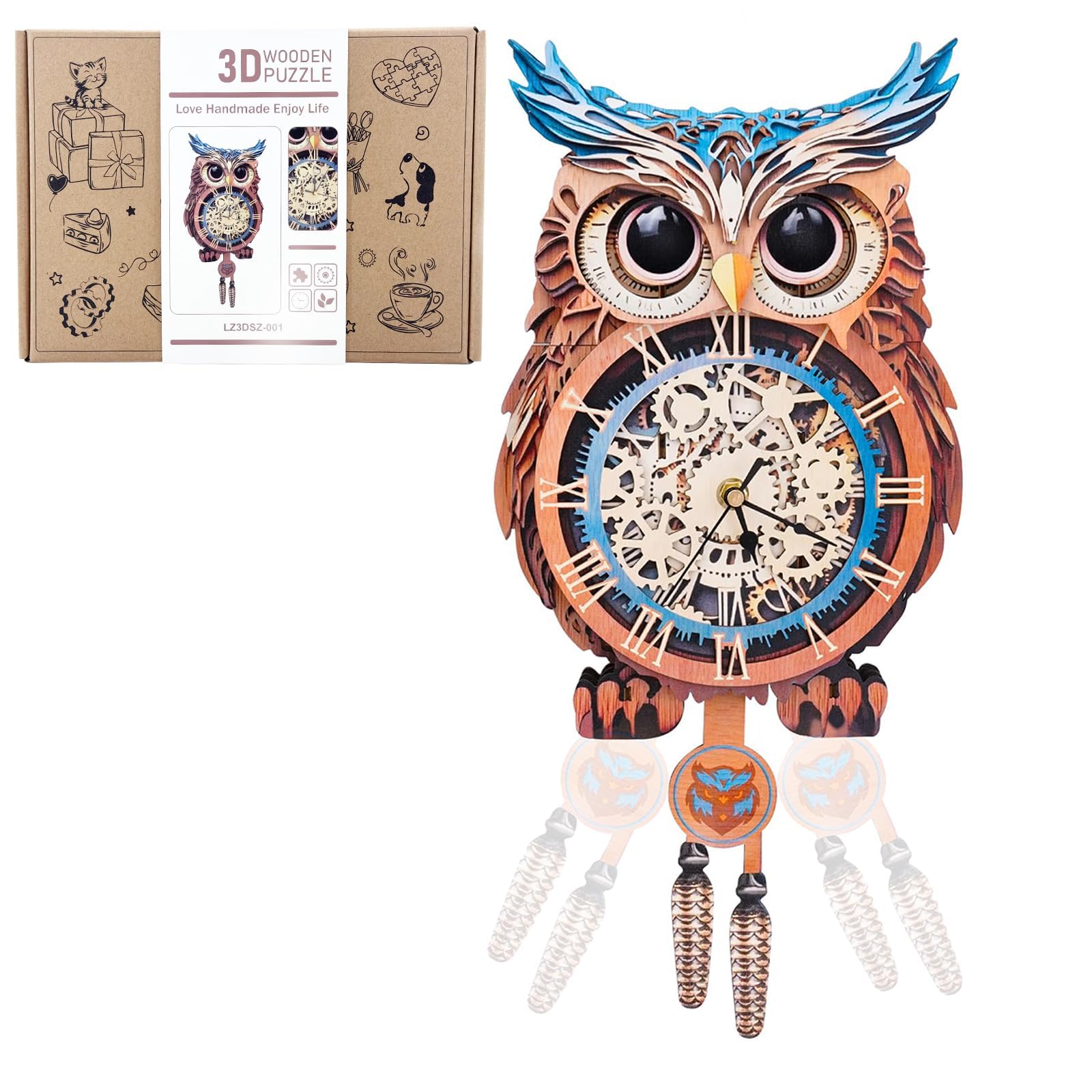 Lilcubics 3D Owl Puzzle Clock, Wooden Model Kit for Adults Roman Numeral Wall Timepiece with Silent Movement