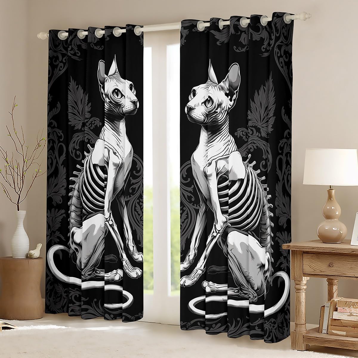 Homewish Zasłony okienne na Halloween, 117 x 183 cm, 2 panele – gotyckie zasłony zaciemniające z czaszką, czarne zasłony okienne, vintage, gotycka dekoracja do sypialni