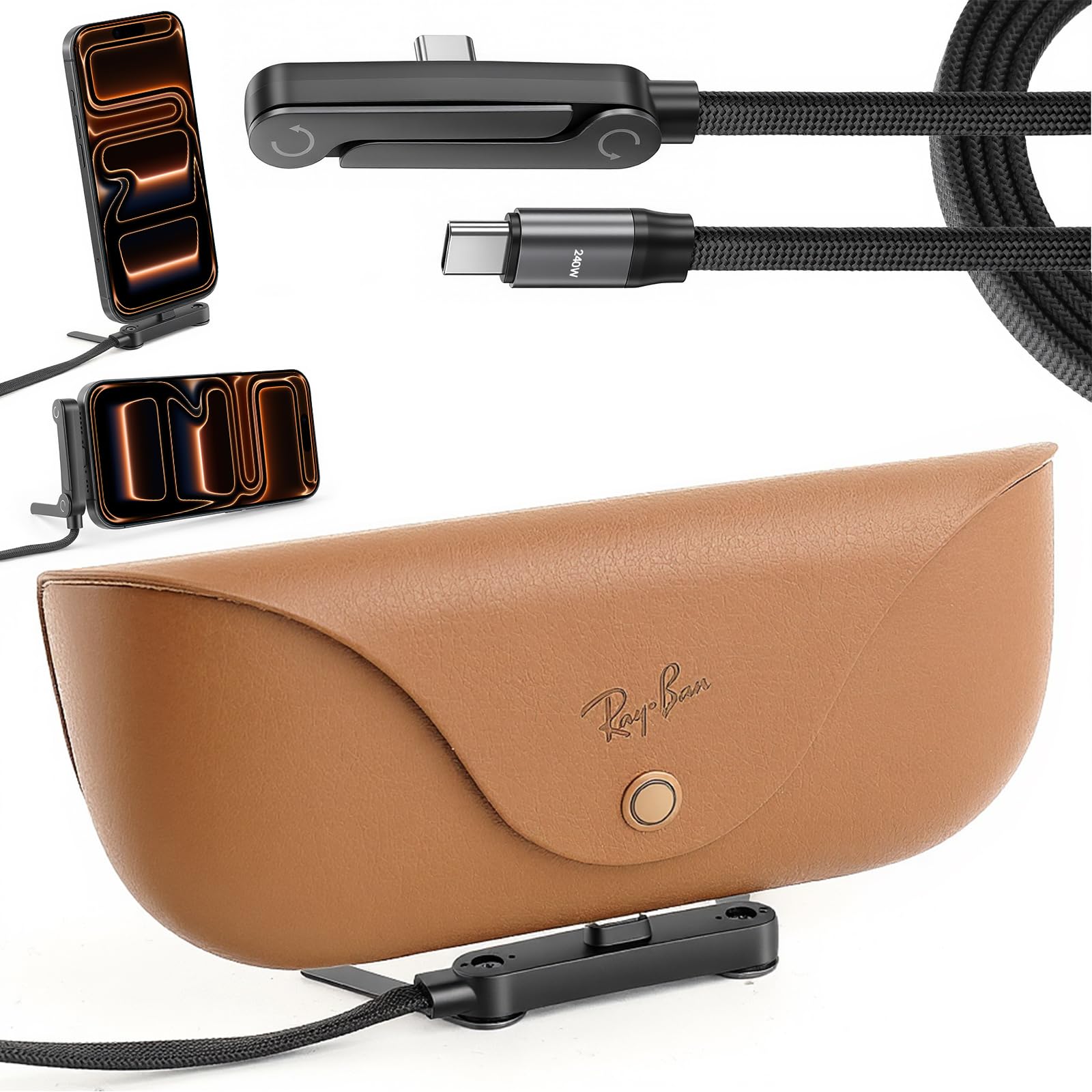 Soporte de carga plegable compatible con Ray Ban Meta/Display estuche de carga y teléfono, 240 W rápido USB C a USB C cable de carga multifuncional para caja de gafas inteligentes