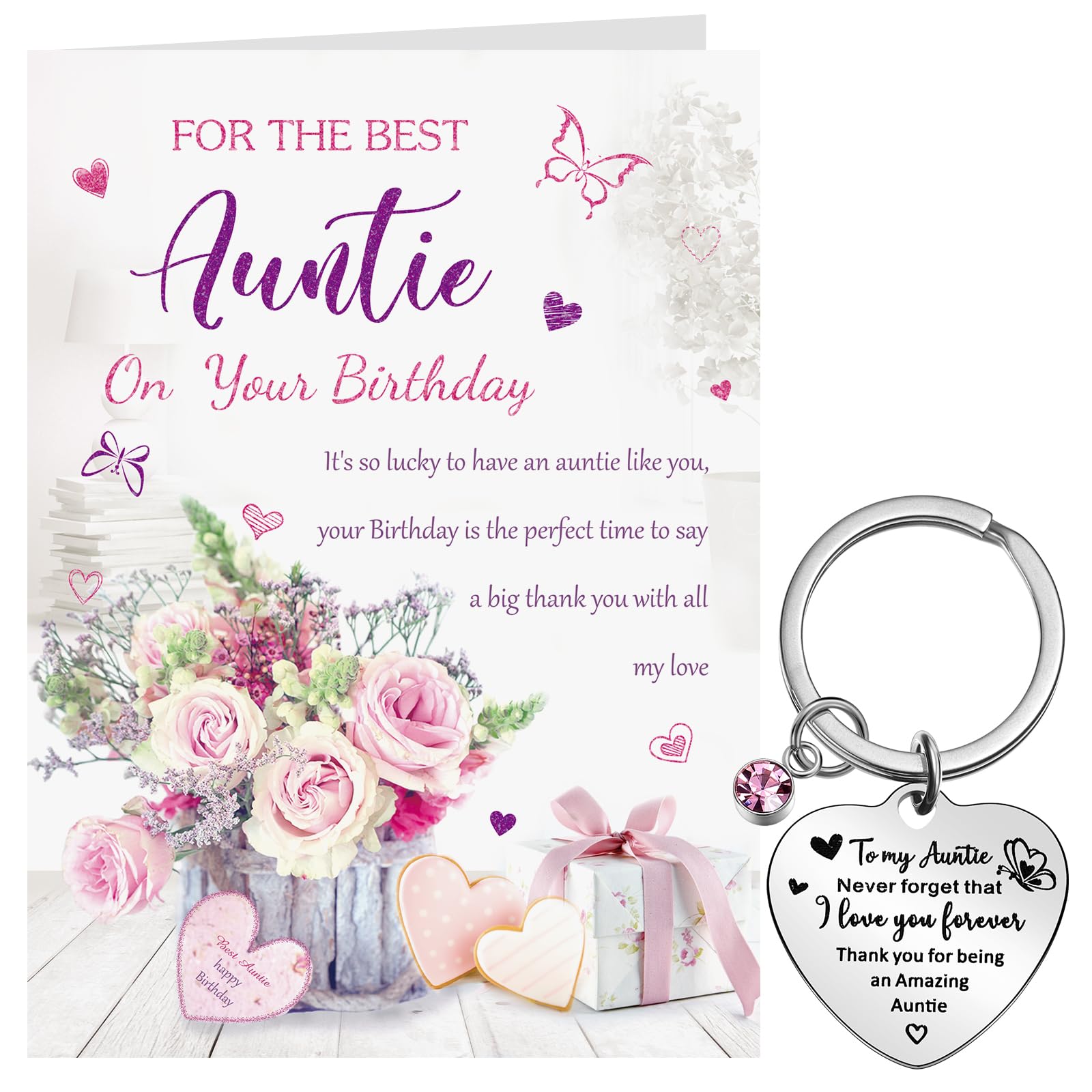 OtuuzAuntie Birthday Cards Aunty Gifts Presents Include Vase of Flowers Butterflies Purple Happy Birthday Card with Envelop Metal Auntie Keyring from Niece Nephew with Lovely Verse