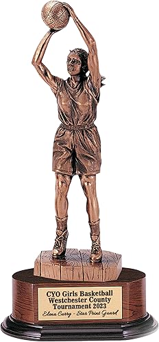 Mujer galvanizada del trofeo del baloncesto de la figura del bronce antiguo en la base oval acabada de la nuez