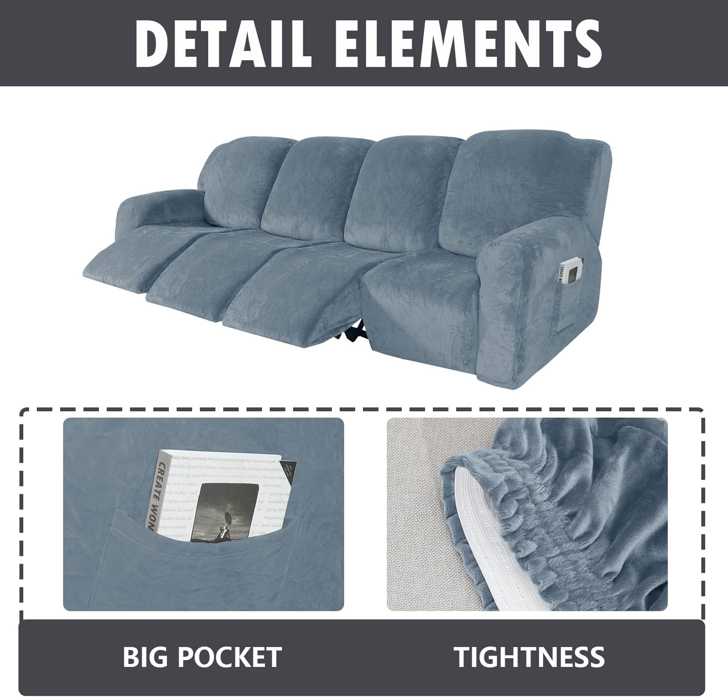 YOPOIY 10 Pieces Recliner Cover for 4 Cushion Couch, Velvet Stretch Reclining Couch Cover for 4 Seat, Washable Furniture Protector -Blue