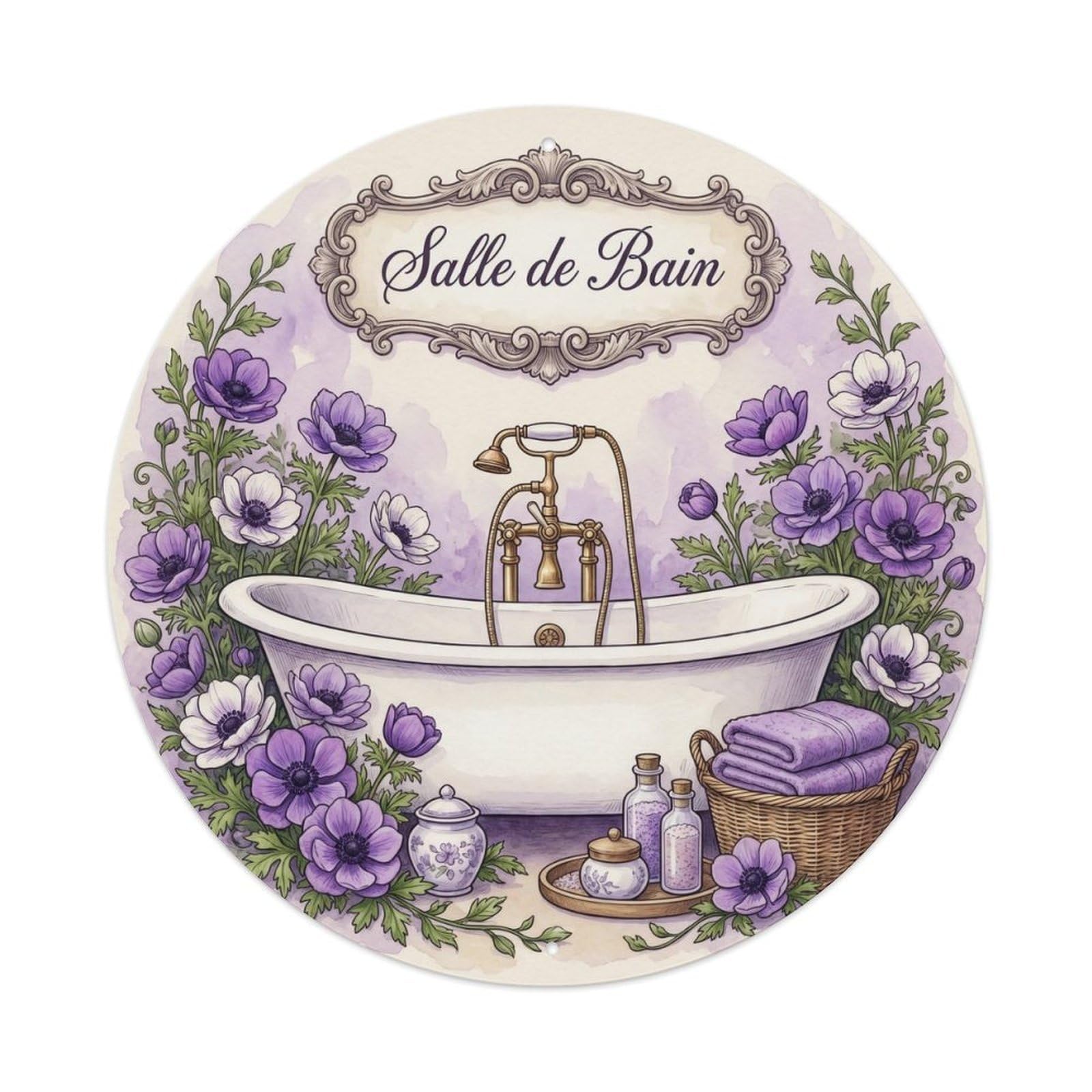 Bathroom Anemone Floral Round Metal Tin Sign