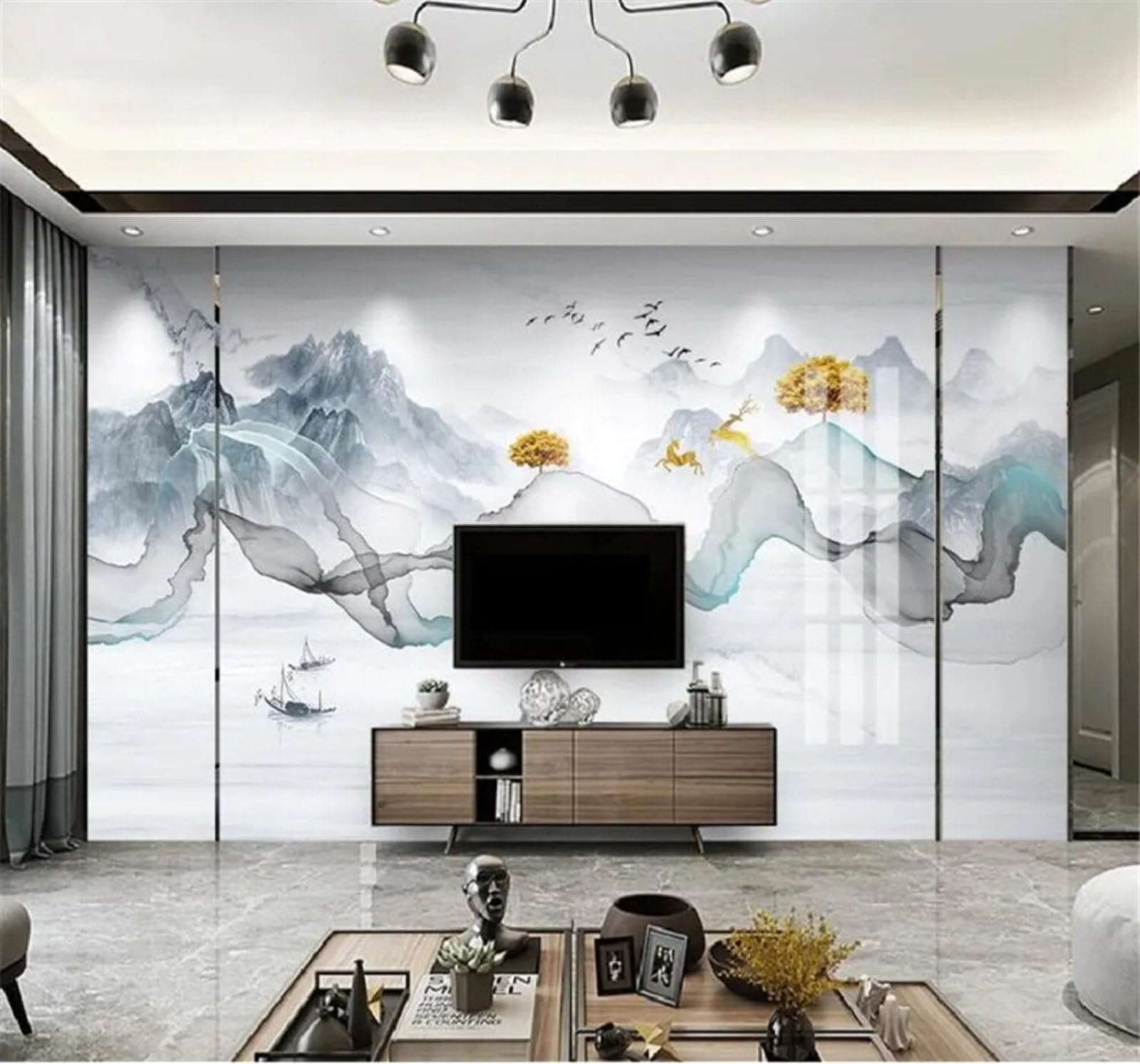 Tzxztt 250Cm×170Cm(B×H) Hand Drawn Abstract Lines Landscape Scenery Modern 3D Wallpaper Premium Textured Silk Neutral Tones Material Ideal For Living Room Bedroom-250Cm×170Cm