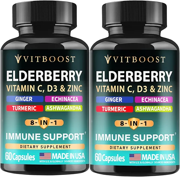 Elderberry Immune Support Supplement 8-in-1 Formula with Echinacea, Vitamin C & Zinc, Vitamin D 5000 IU, Turmeric, Ginger, Ashwagandha – 60 Capsules (Pack of 2)
