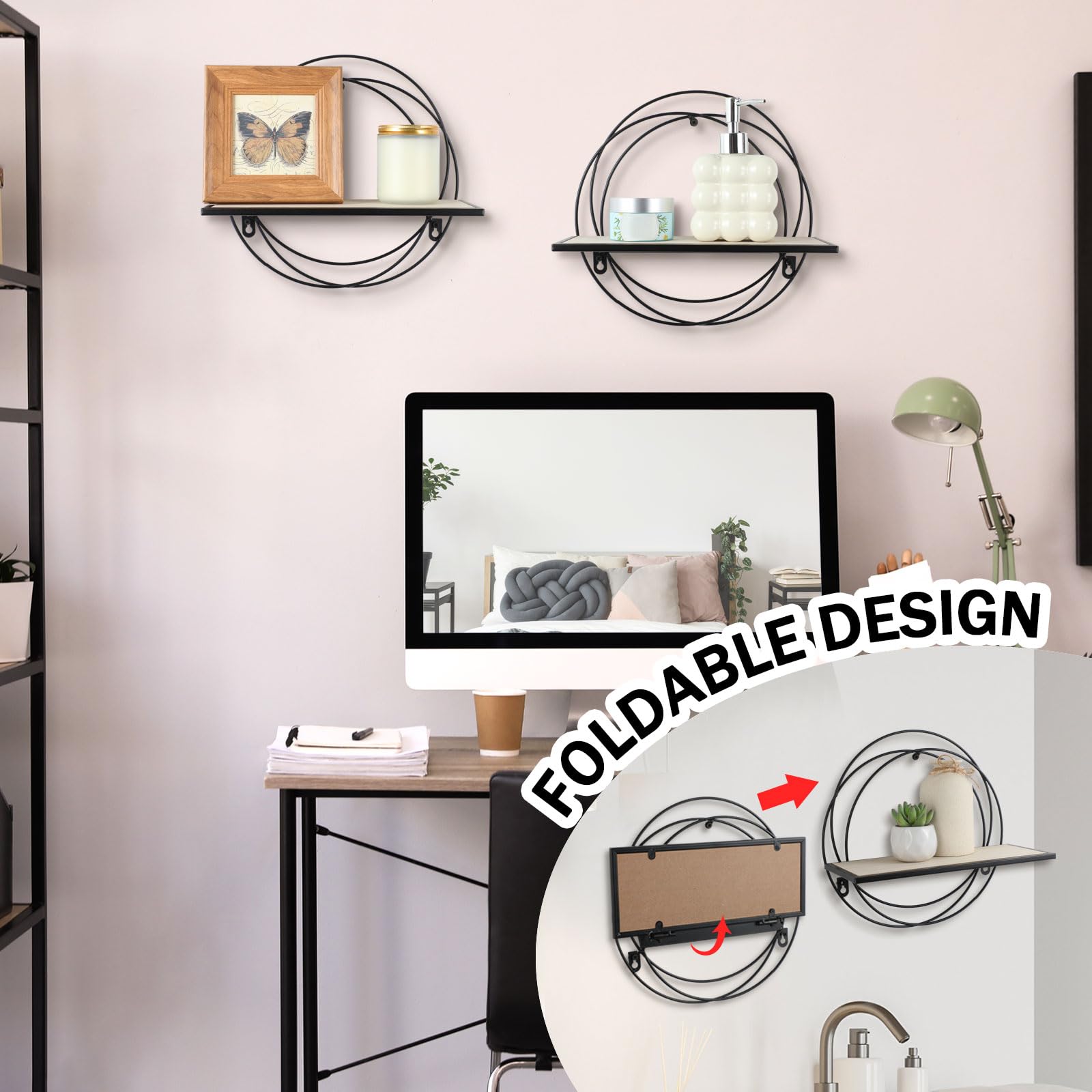 Yaocom 3 Stück Schweberegale, Wandmontage, Hängeregal mit Metalldraht und Holz, faltbares rundes Regal, Wanddekoration für Aufbewahrung, Schlafzimmer, Badezimmer, Wohnzimmer, Küche, Büro