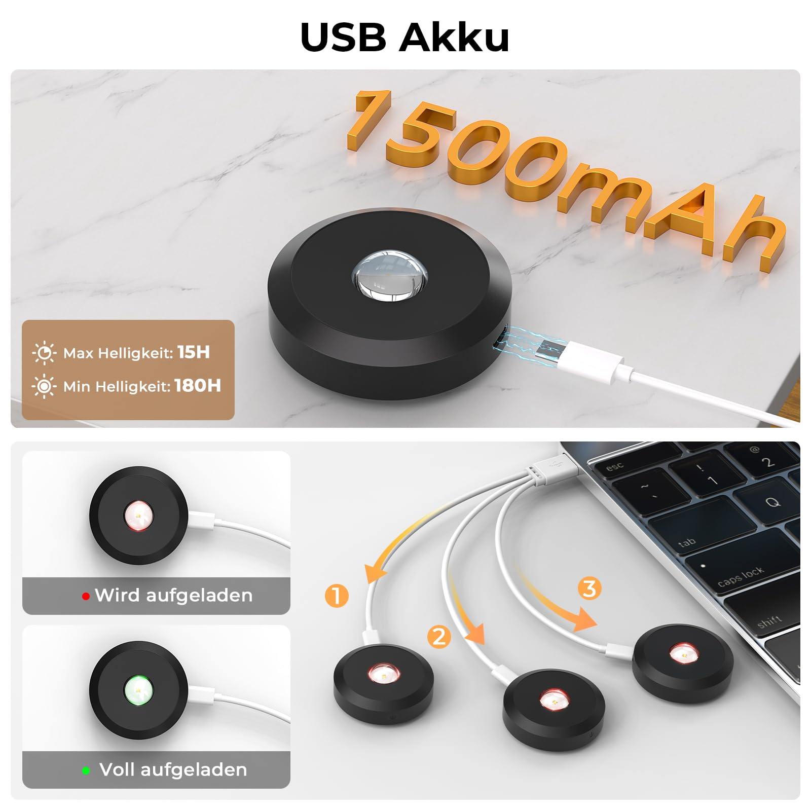 Iluminación LED para armario (recargable por USB, redonda, iluminación de armario, batería LED, 6 unidades)