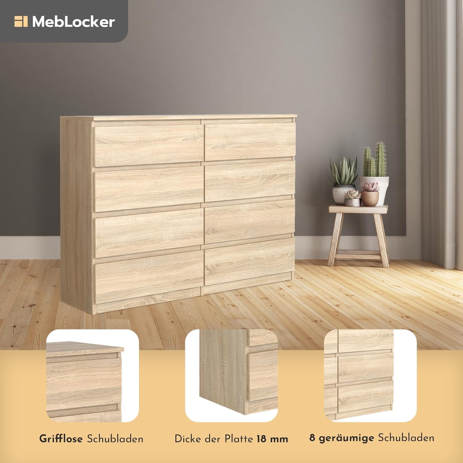 Cómoda 120 cm, 8 Cajones, Roble Sonoma
