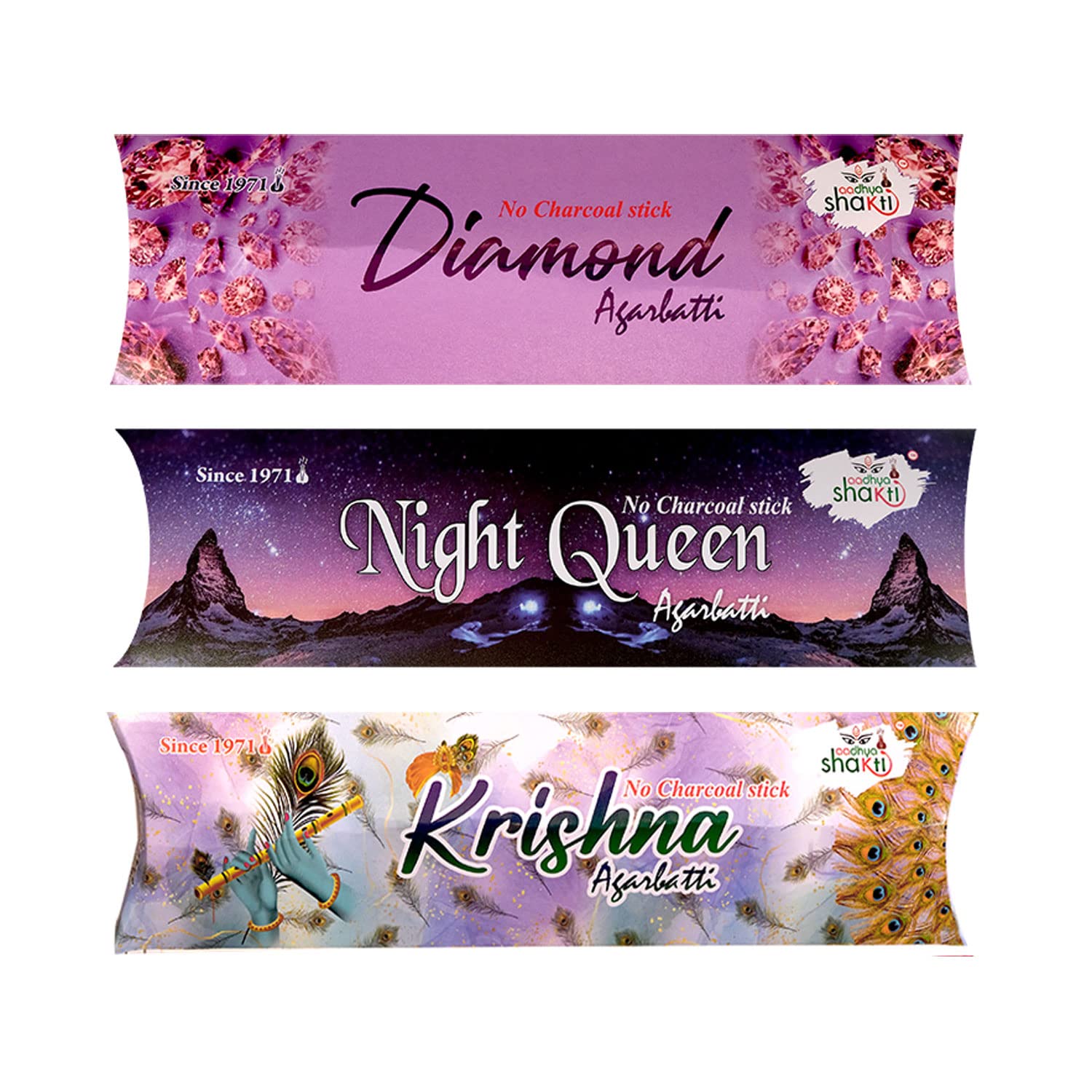 AADHYA SHAKTI PERFUMERS No Charcoal Incense Stick Agarbatti Combo in Different Flavours (Diamond,Night Queen, Krishna) - Pack of 3