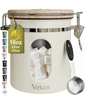 Veken Coffee Sugar Canister with Window, Airtight Stainless Steel Kitchen Food Storage Container with Lids, Date Tracker and Scoop for Grounds Coffee, Beans, Tea, Flour, Cereal Jars, 16OZ, Cream - Amazon product rated Grade A