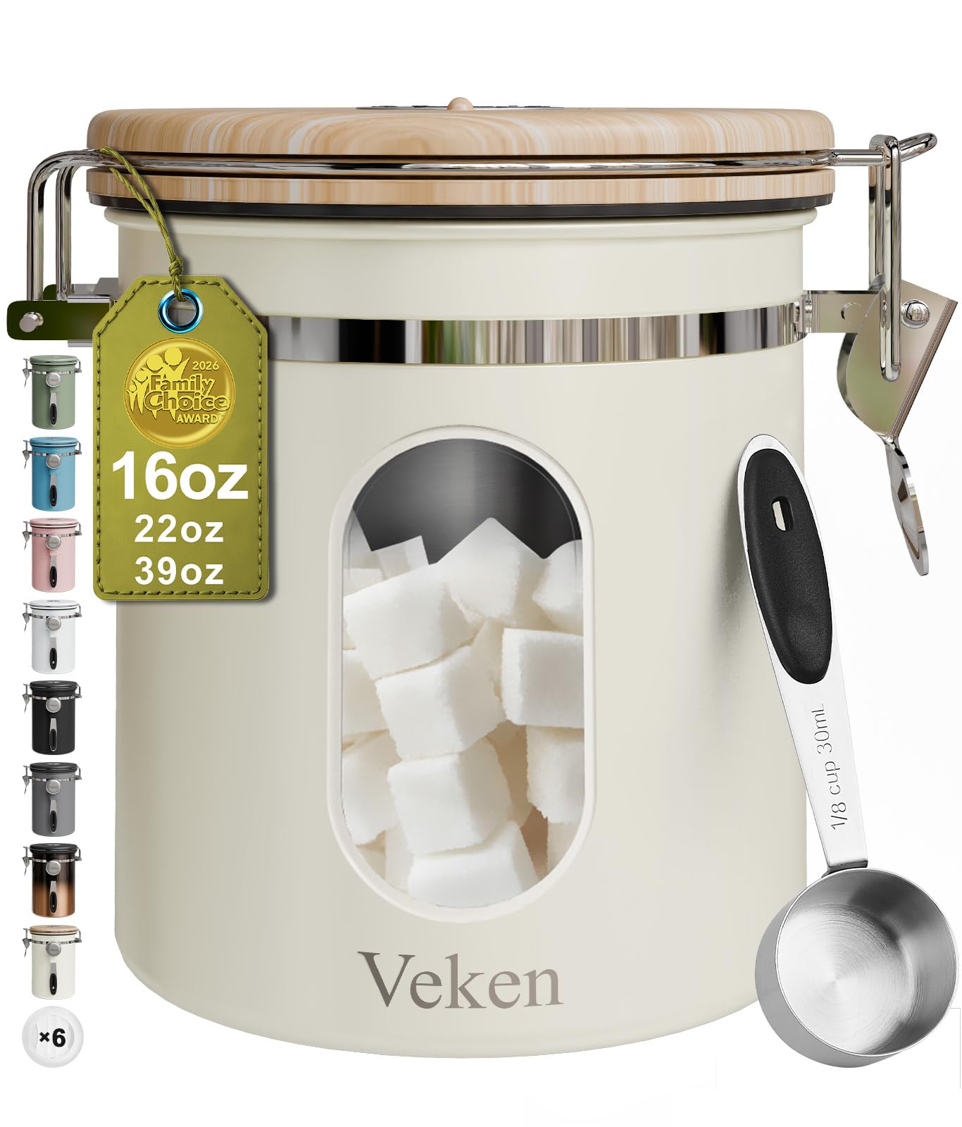 veken coffee sugar canister with window, airtight stainless steel kitchen food storage container with lids, date tracker and scoop for grounds coffee, beans, tea, flour, cereal jars, 16oz, cream