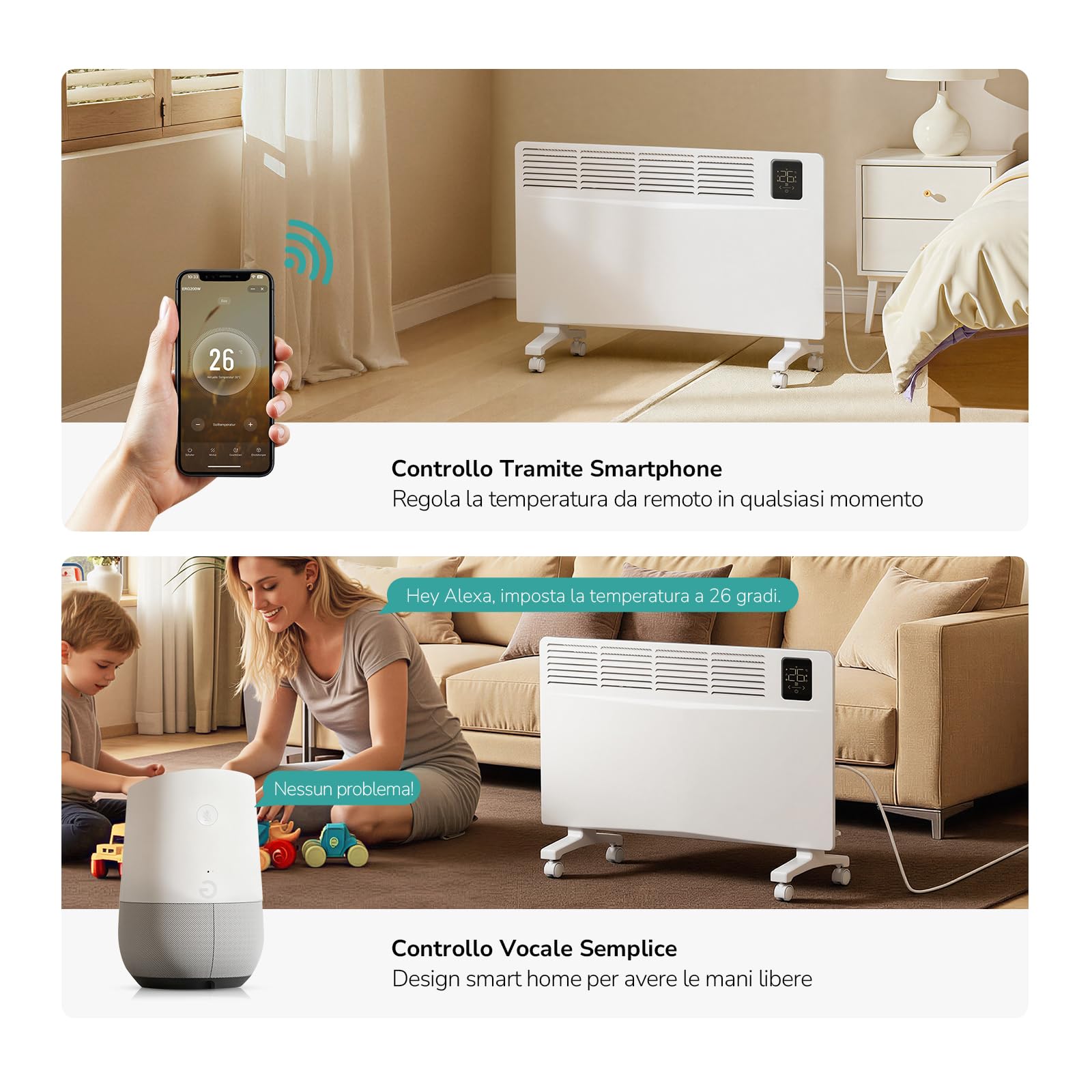 EMKE Radiatore Elettrico Intelligente 2000W Bianco – Convettore con WiFi e Controllo tramite App, Riscaldamento Elettrico a Basso Consumo, Montaggio a Parete o a Pavimento, 755×420×80 mm