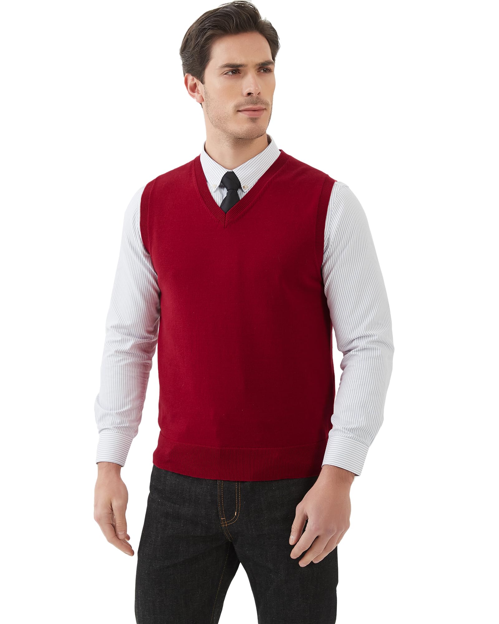 Kallspin Hommes Gilets en Coton sans Manches Col en V Gilets tricotés Pull-Over Relaxed Fit Sweater Vest