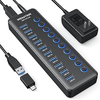 Powered USB Hub, Wenter 10 Port 36W Powered USB 3.0 Splitter Hub with Individual On/Off Switches and 12V/3A Power Adapter, Multiport USB 3.0 Extender Hub for Mac, PC, Laptop, MacBook Pro and iPad