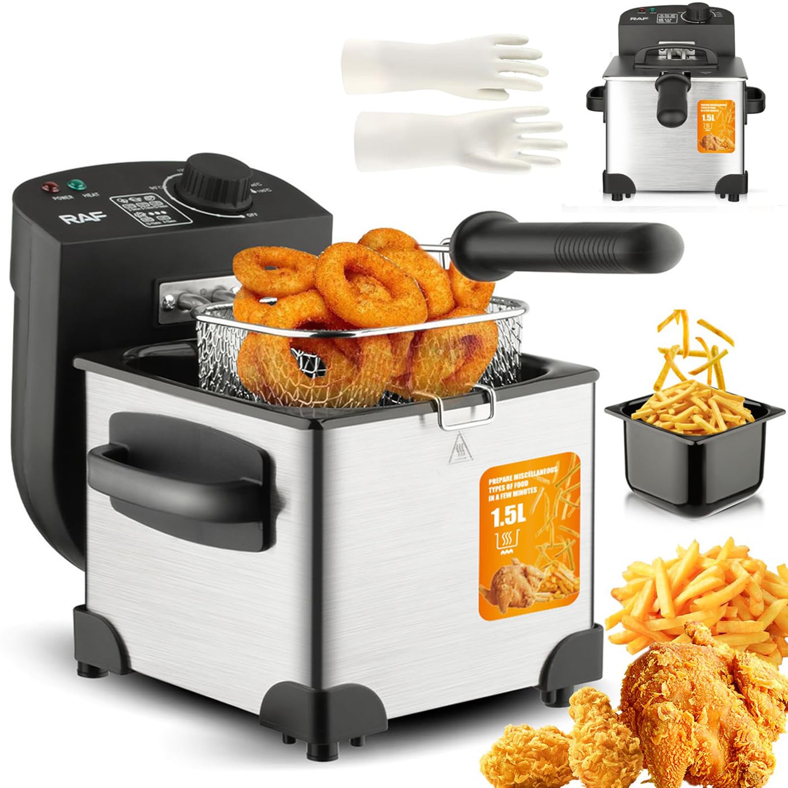 Freidora Eléctrica de Acero Inoxidable de 1,5 L y 2000 W con Guantes Resistentes, Cesta Para Freír, Temperatura Ajustable, Fácil de Limpiar y Protección Para Patatas Fritas y Donas