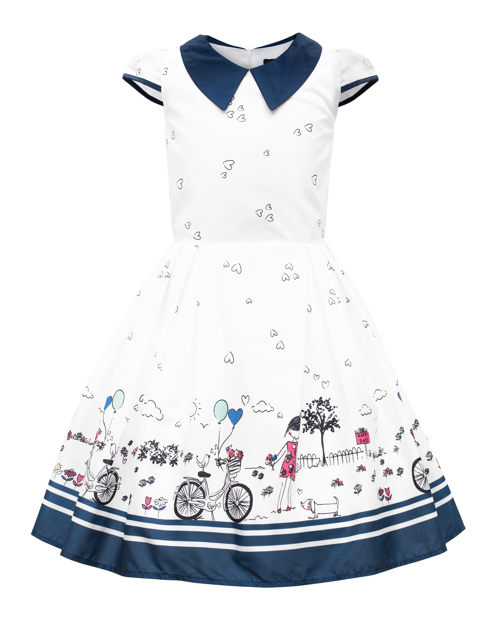 BlackButterfly Mädchen Kleid Olivia Herzen Print | Faltenrock, Flügelärmel, Bubikragen, Motivdruck Am Saum, Gefüttert, Reißverschluss Hinten, 3-14 Jahre
