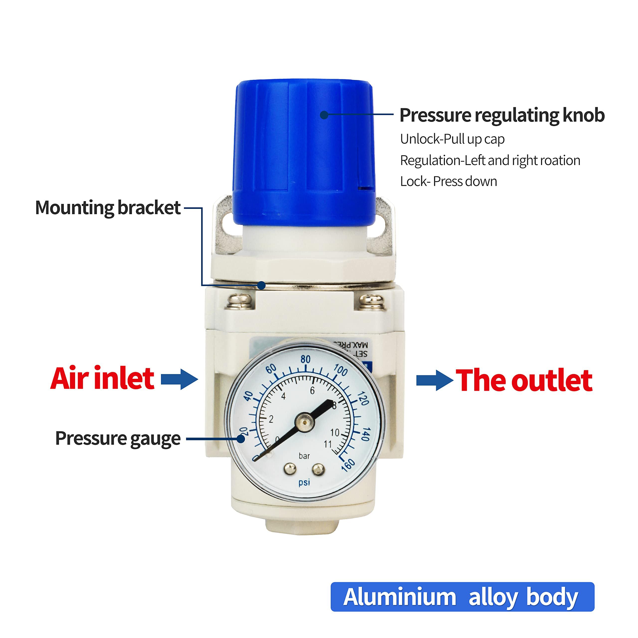 BLCH 3/8" BSP Druckluftregler – Druckregler für Kompressoren, Kompressor-Regler mit Lufttrocknungssystem AR3000-03, inkl. Manometer (0-160 PSI)